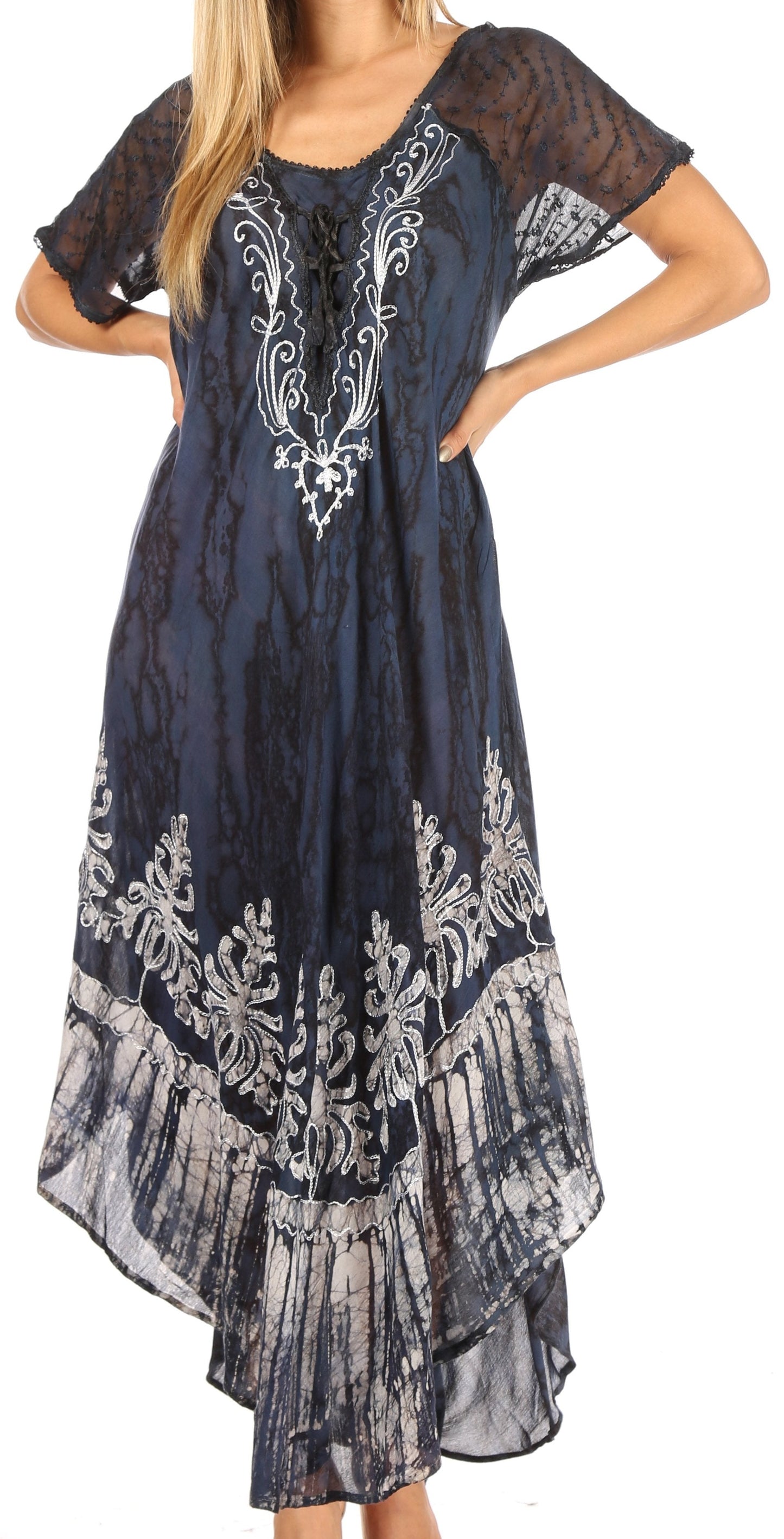 Sakkas Ronny Lace Embroidered Cap Sleeve Tie Dye Wash Caftan Dress / Cover Up - Concordia Style Boutique
