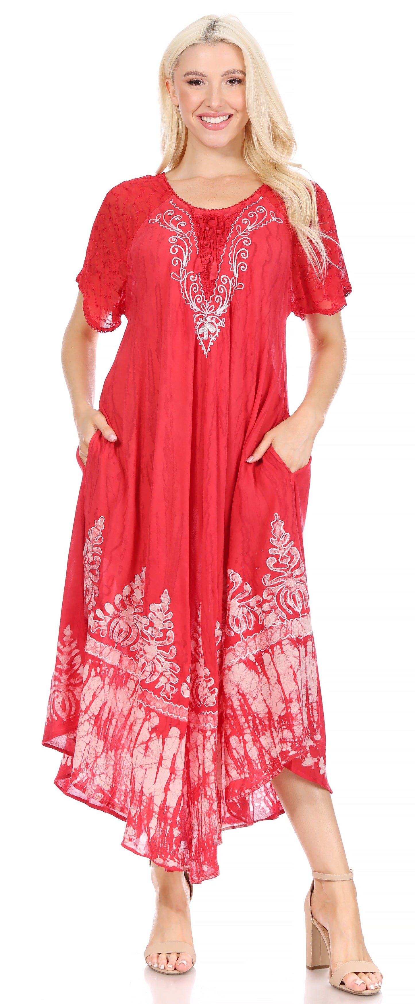 Sakkas Ronny Lace Embroidered Cap Sleeve Tie Dye Wash Caftan Dress / Cover Up - Concordia Style Boutique