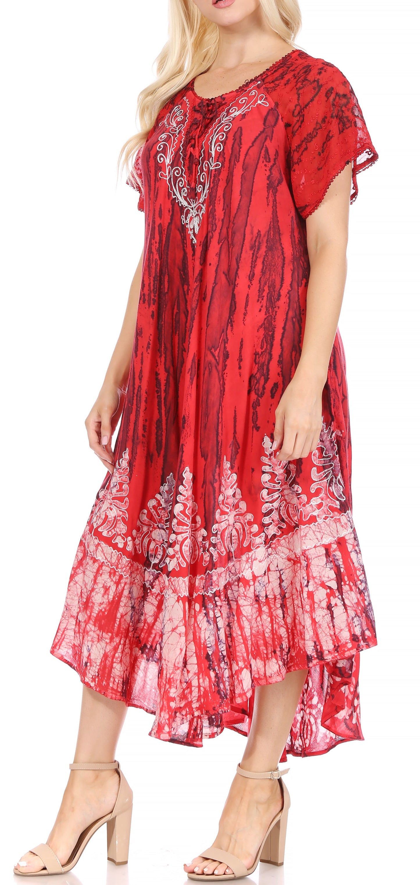 Sakkas Ronny Lace Embroidered Cap Sleeve Tie Dye Wash Caftan Dress / Cover Up - Concordia Style Boutique