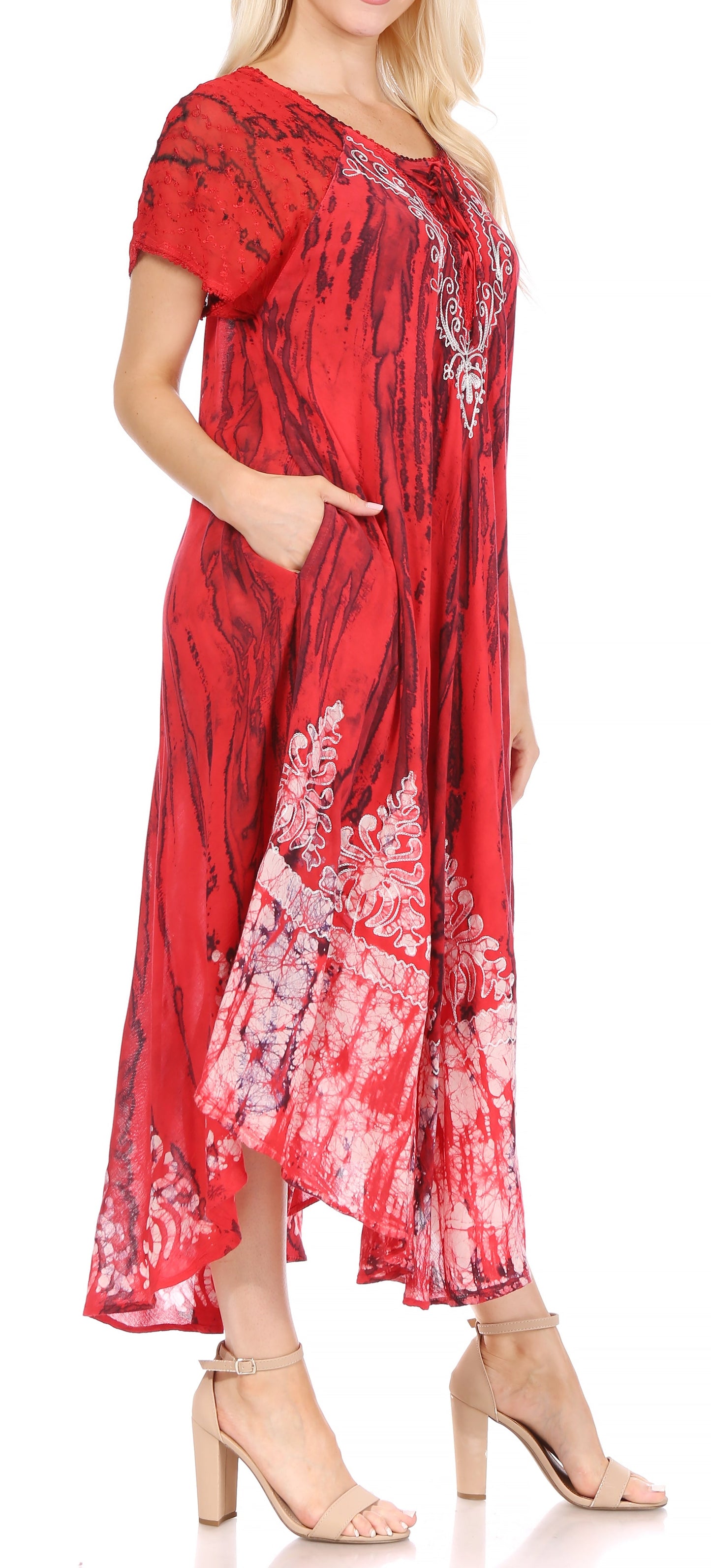 Sakkas Ronny Lace Embroidered Cap Sleeve Tie Dye Wash Caftan Dress / Cover Up - Concordia Style Boutique