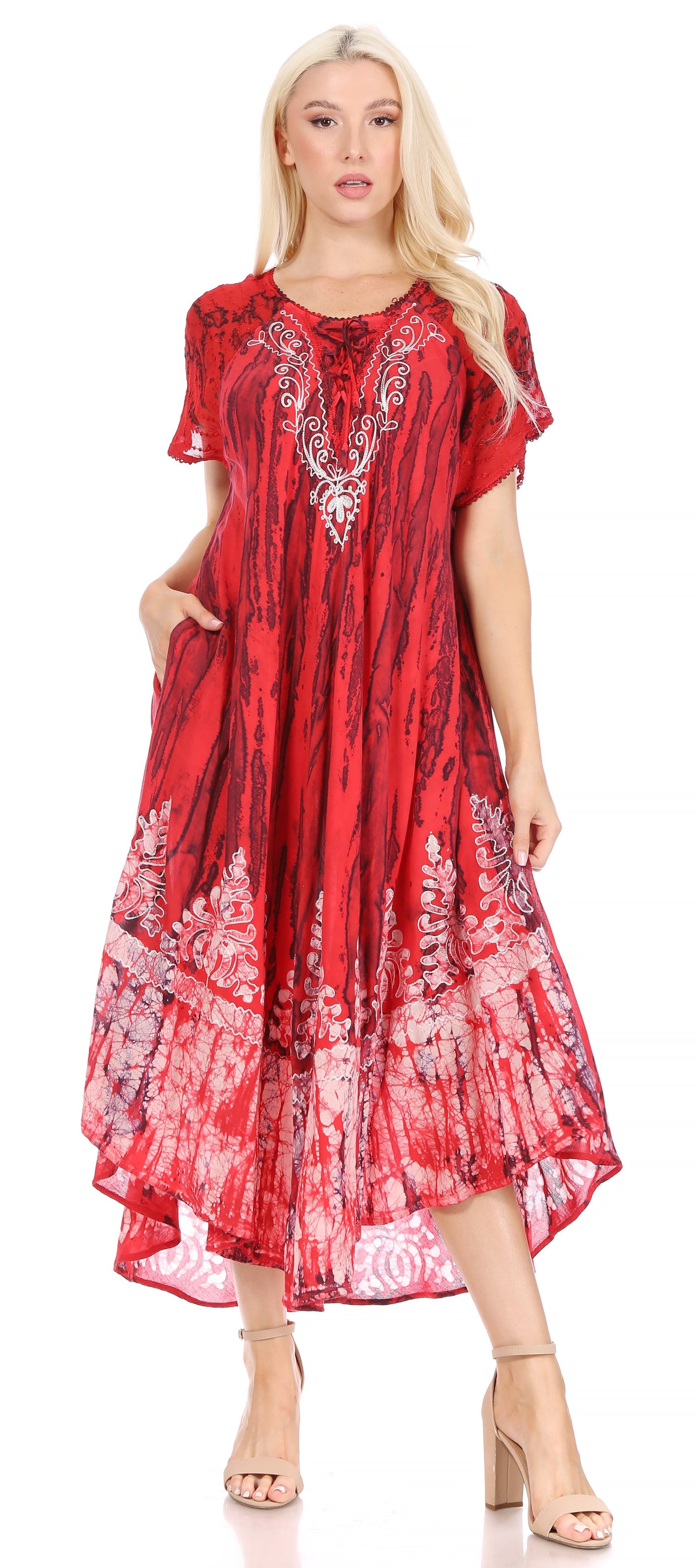 Sakkas Ronny Lace Embroidered Cap Sleeve Tie Dye Wash Caftan Dress / Cover Up - Concordia Style Boutique