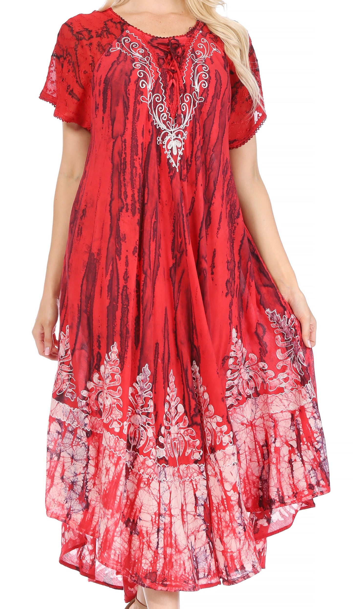 Sakkas Ronny Lace Embroidered Cap Sleeve Tie Dye Wash Caftan Dress / Cover Up - Concordia Style Boutique