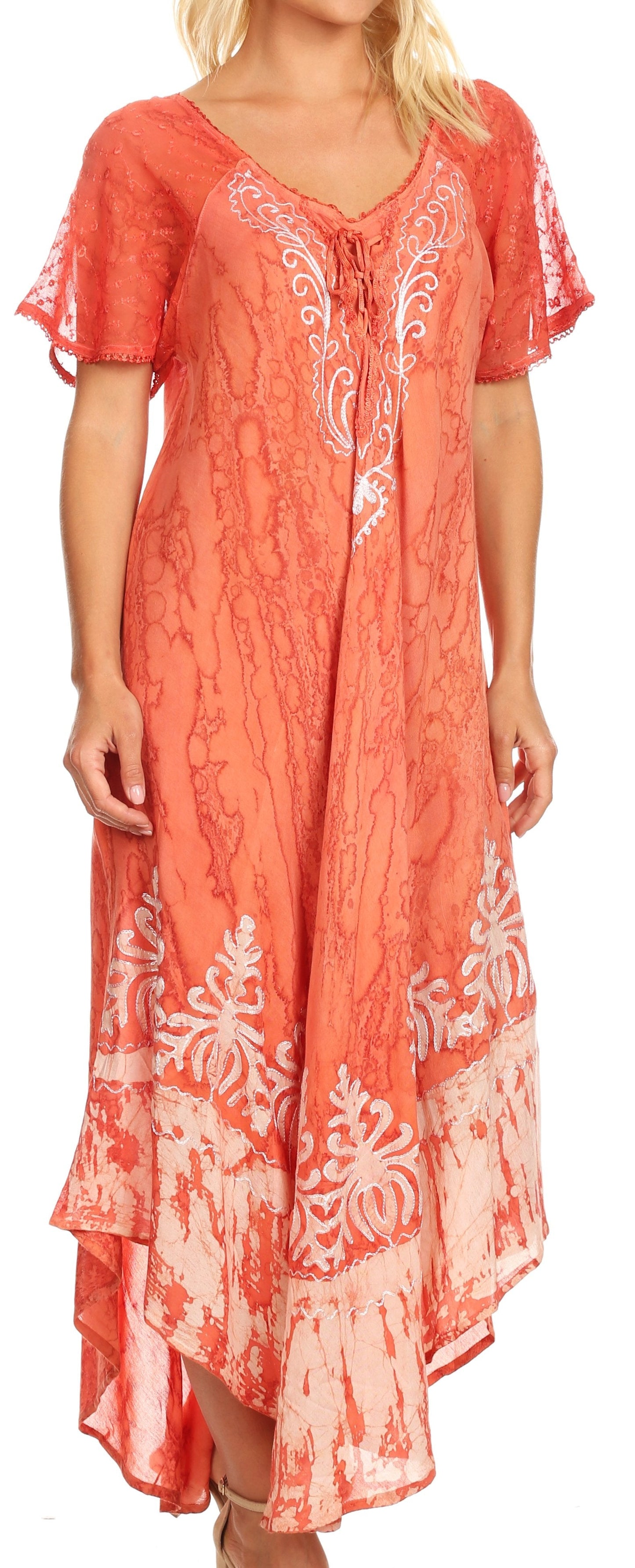 Sakkas Ronny Lace Embroidered Cap Sleeve Tie Dye Wash Caftan Dress / Cover Up - Concordia Style Boutique