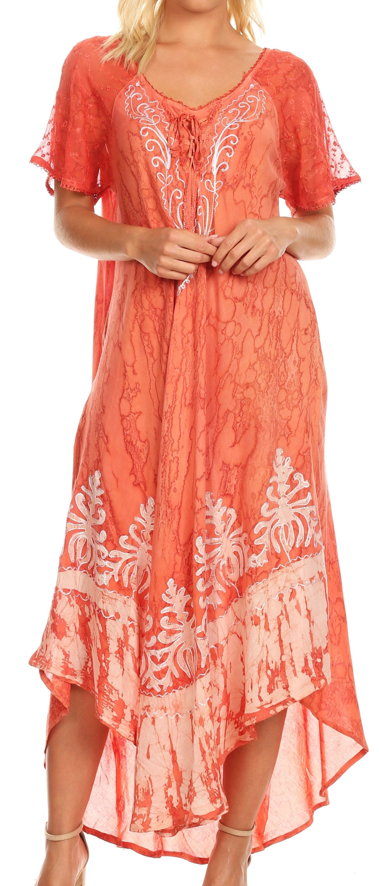 Sakkas Ronny Lace Embroidered Cap Sleeve Tie Dye Wash Caftan Dress / Cover Up - Concordia Style Boutique