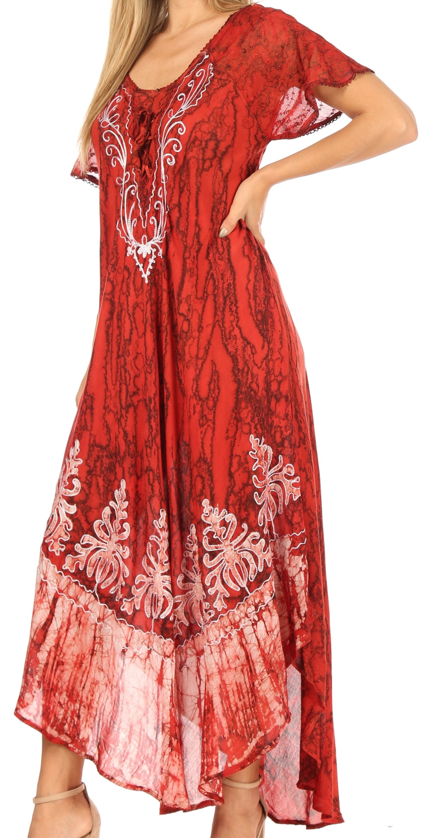 Sakkas Ronny Lace Embroidered Cap Sleeve Tie Dye Wash Caftan Dress / Cover Up - Concordia Style Boutique