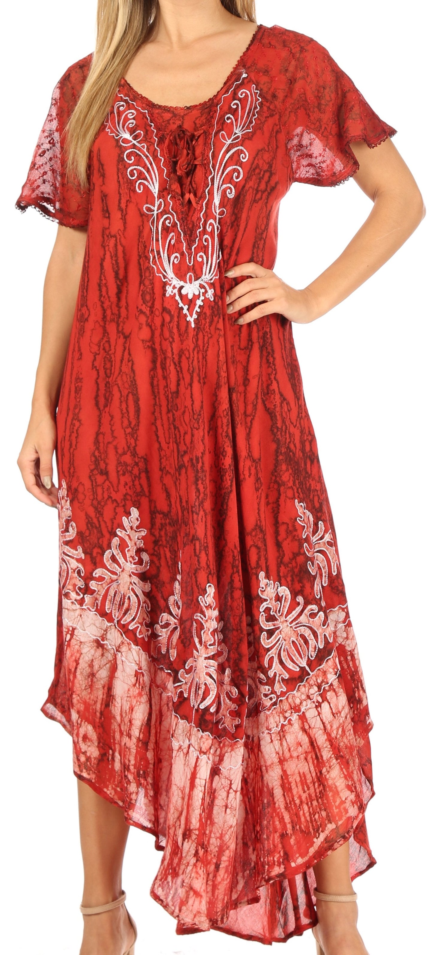 Sakkas Ronny Lace Embroidered Cap Sleeve Tie Dye Wash Caftan Dress / Cover Up - Concordia Style Boutique