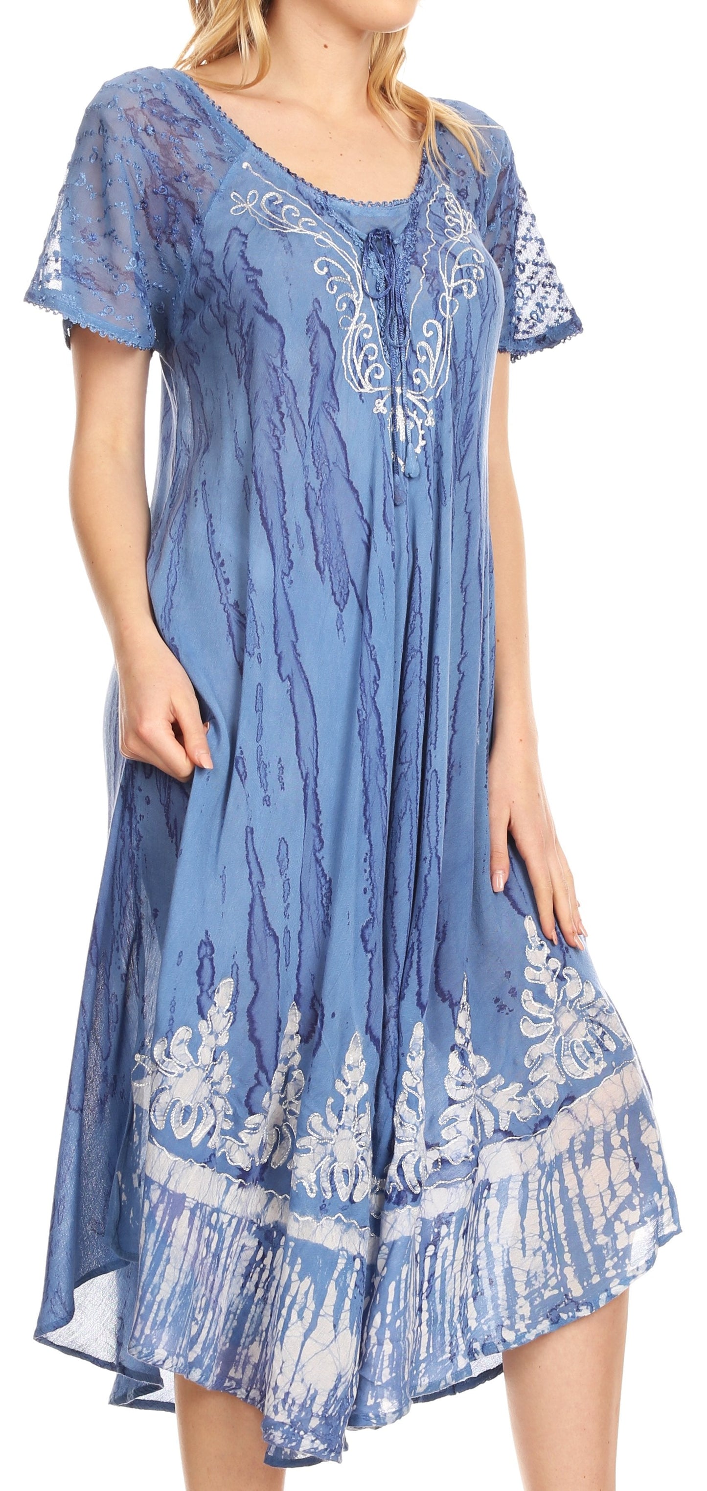 Sakkas Ronny Lace Embroidered Cap Sleeve Tie Dye Wash Caftan Dress / Cover Up - Concordia Style Boutique