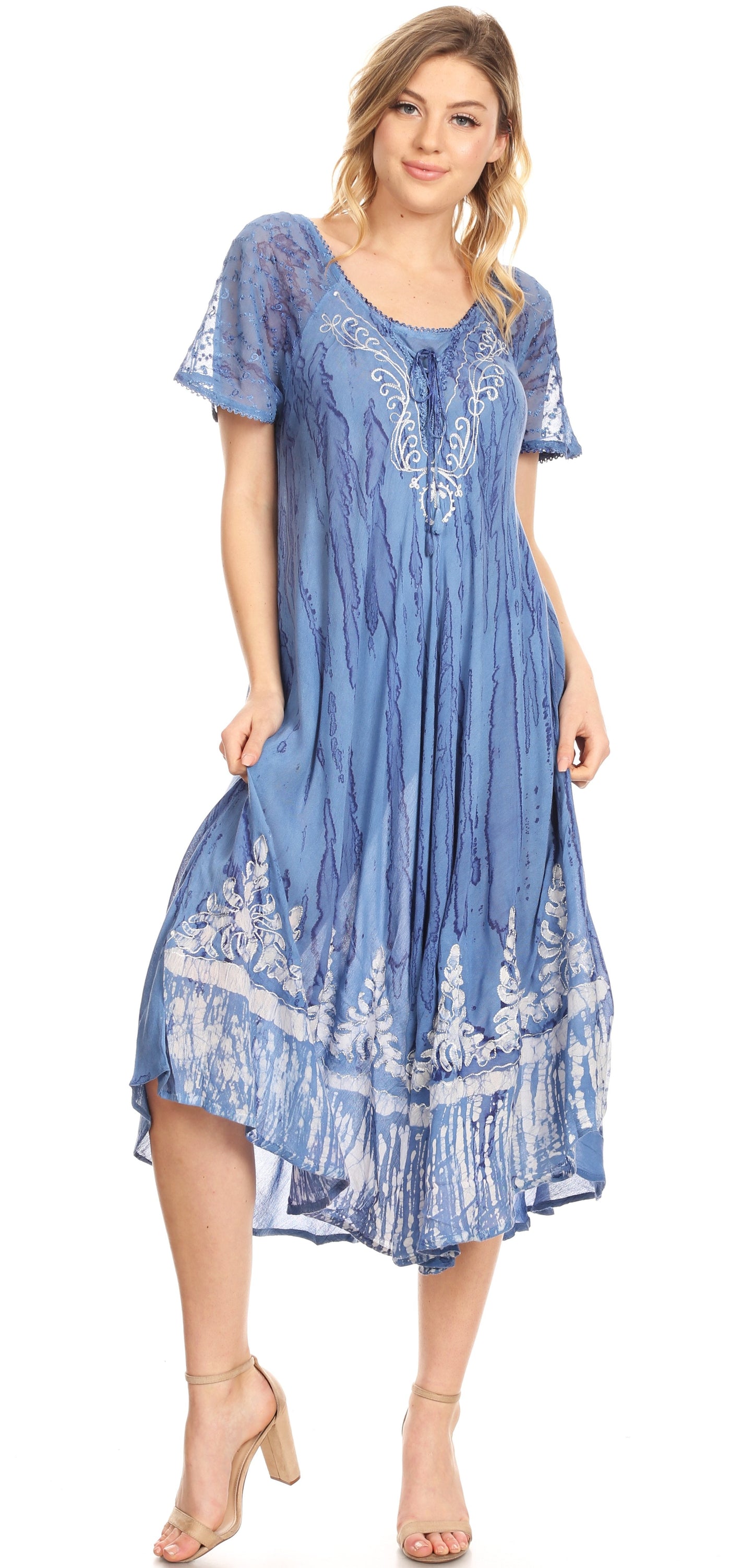 Sakkas Ronny Lace Embroidered Cap Sleeve Tie Dye Wash Caftan Dress / Cover Up - Concordia Style Boutique