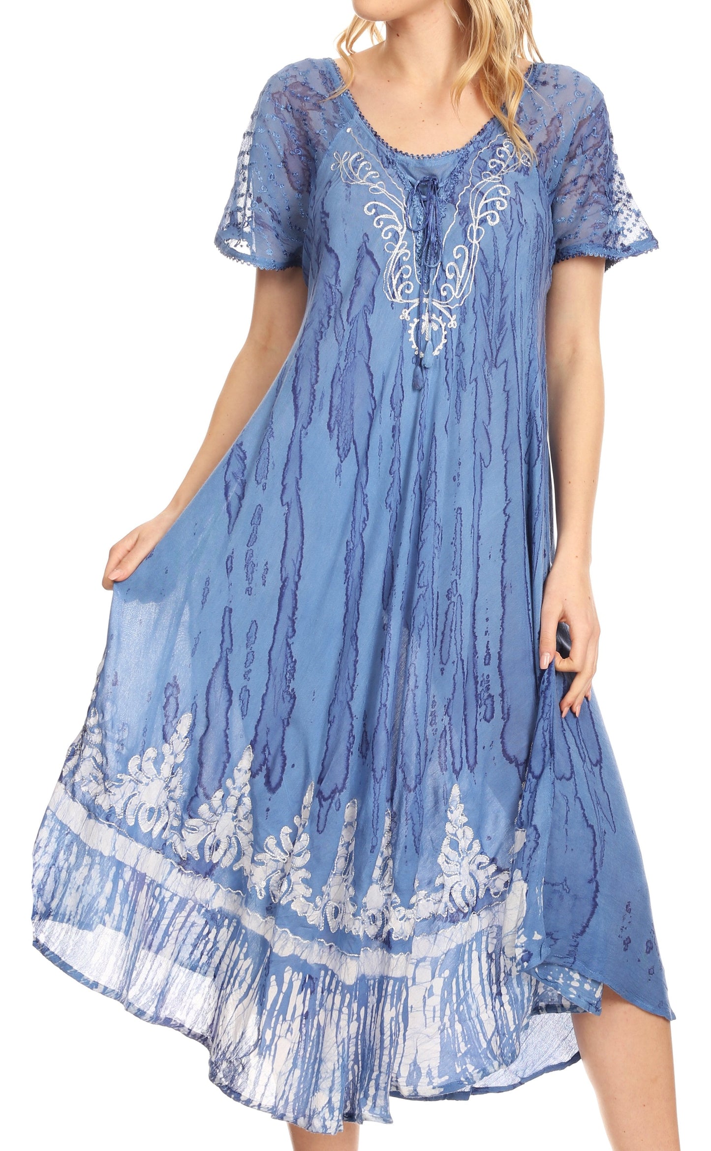 Sakkas Ronny Lace Embroidered Cap Sleeve Tie Dye Wash Caftan Dress / Cover Up - Concordia Style Boutique
