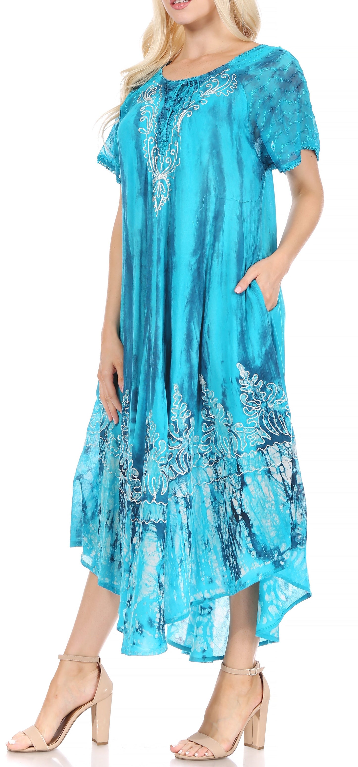 Sakkas Ronny Lace Embroidered Cap Sleeve Tie Dye Wash Caftan Dress / Cover Up - Concordia Style Boutique