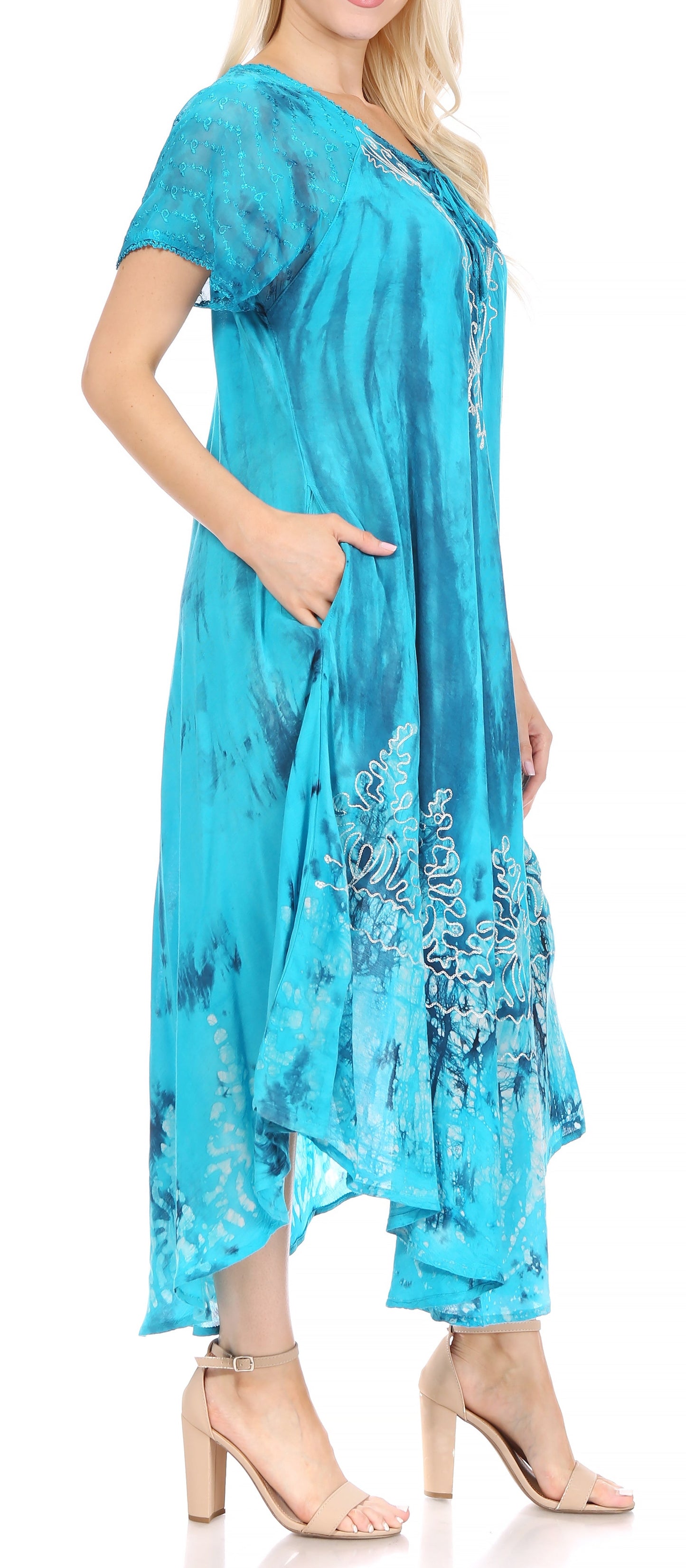 Sakkas Ronny Lace Embroidered Cap Sleeve Tie Dye Wash Caftan Dress / Cover Up - Concordia Style Boutique