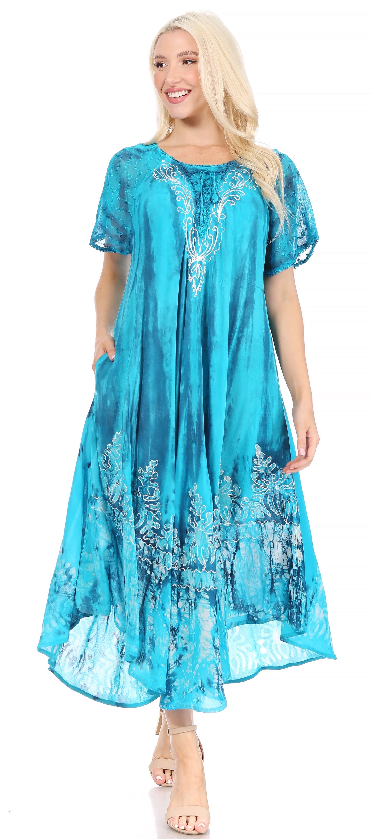 Sakkas Ronny Lace Embroidered Cap Sleeve Tie Dye Wash Caftan Dress / Cover Up - Concordia Style Boutique