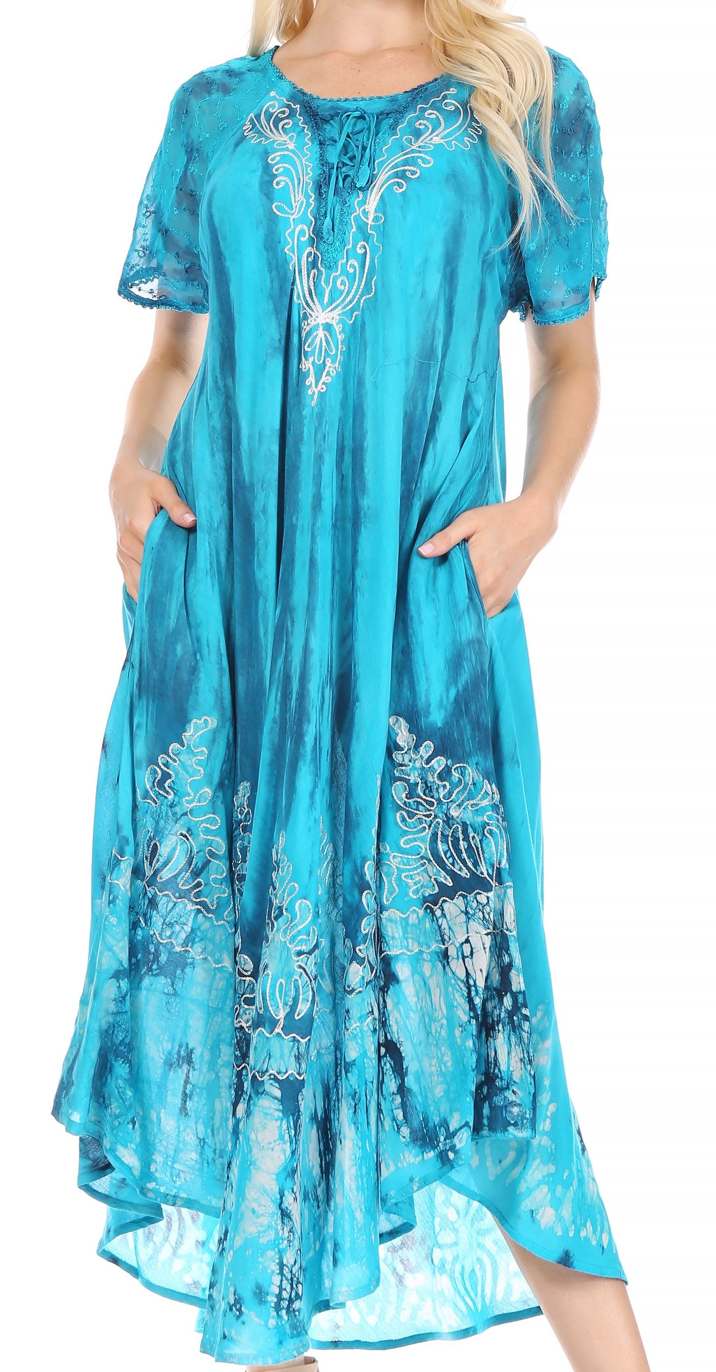 Sakkas Ronny Lace Embroidered Cap Sleeve Tie Dye Wash Caftan Dress / Cover Up - Concordia Style Boutique