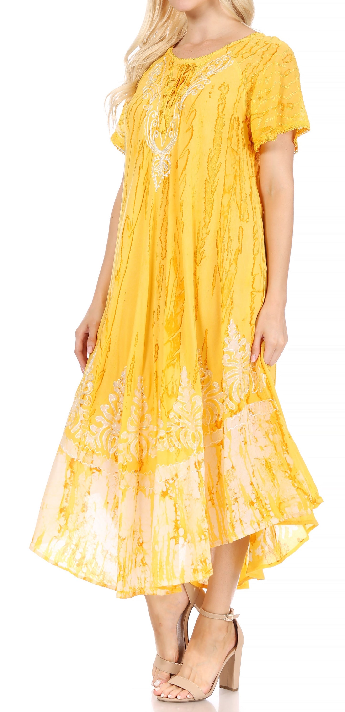 Sakkas Ronny Lace Embroidered Cap Sleeve Tie Dye Wash Caftan Dress / Cover Up - Concordia Style Boutique