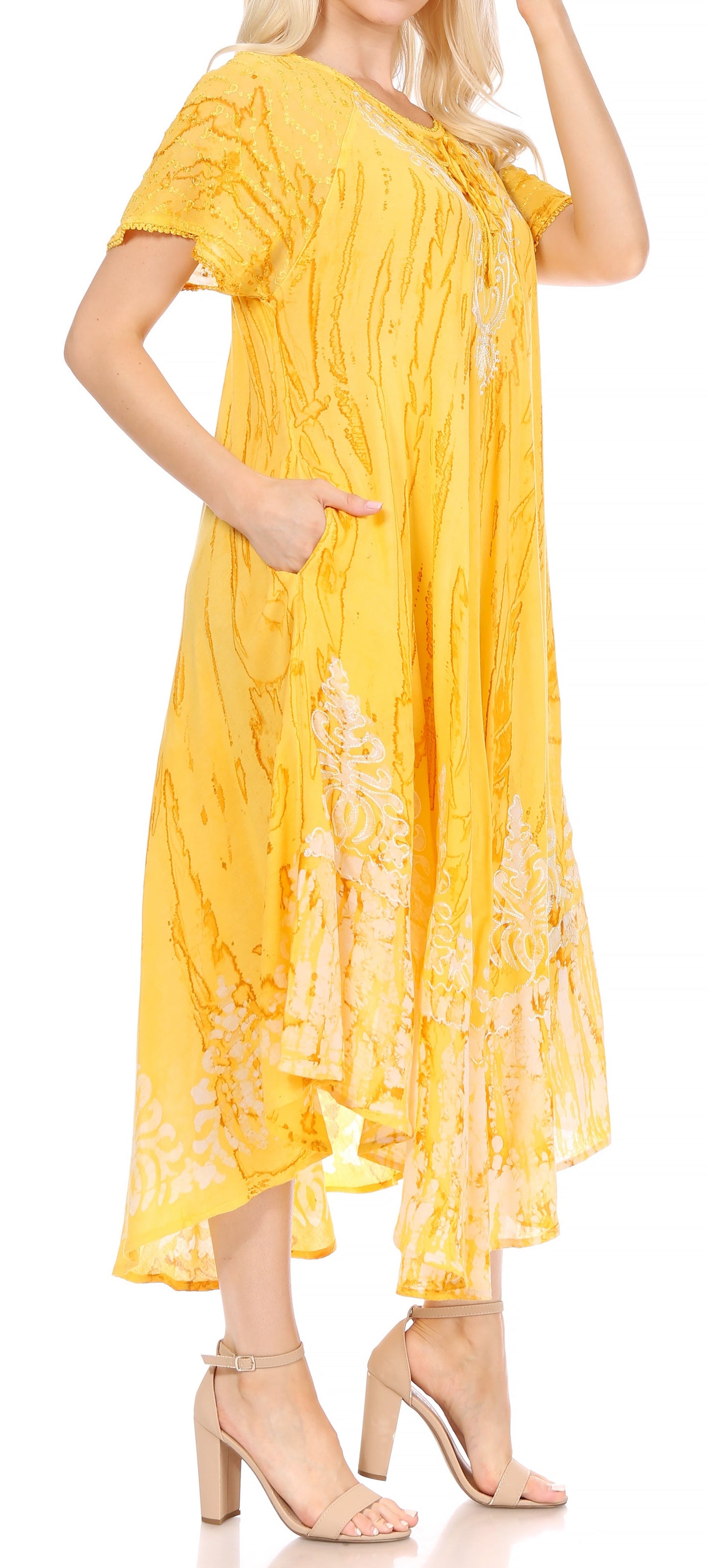 Sakkas Ronny Lace Embroidered Cap Sleeve Tie Dye Wash Caftan Dress / Cover Up - Concordia Style Boutique