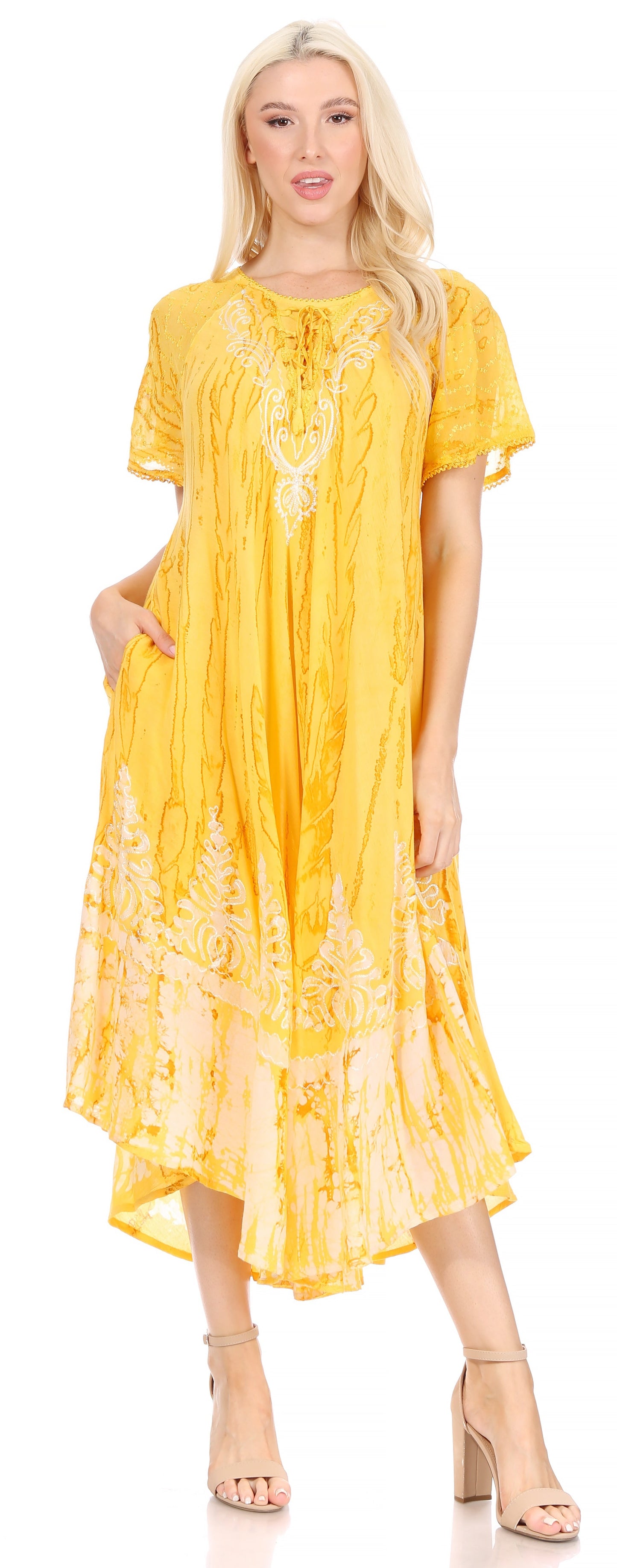 Sakkas Ronny Lace Embroidered Cap Sleeve Tie Dye Wash Caftan Dress / Cover Up - Concordia Style Boutique