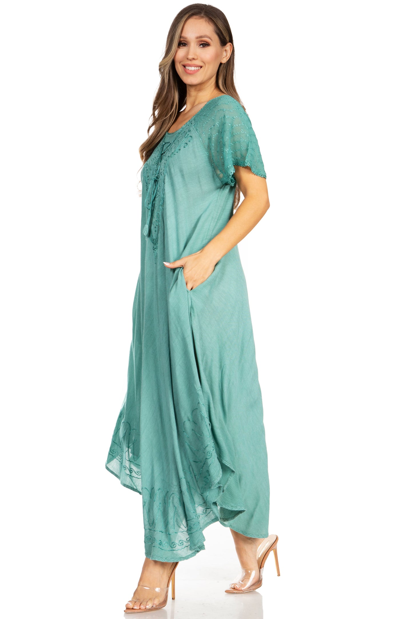 Sakkas Egan Women's Long Embroidered Caftan Dress / Cover Up With Embroidered Cap Sleeves - Concordia Style Boutique