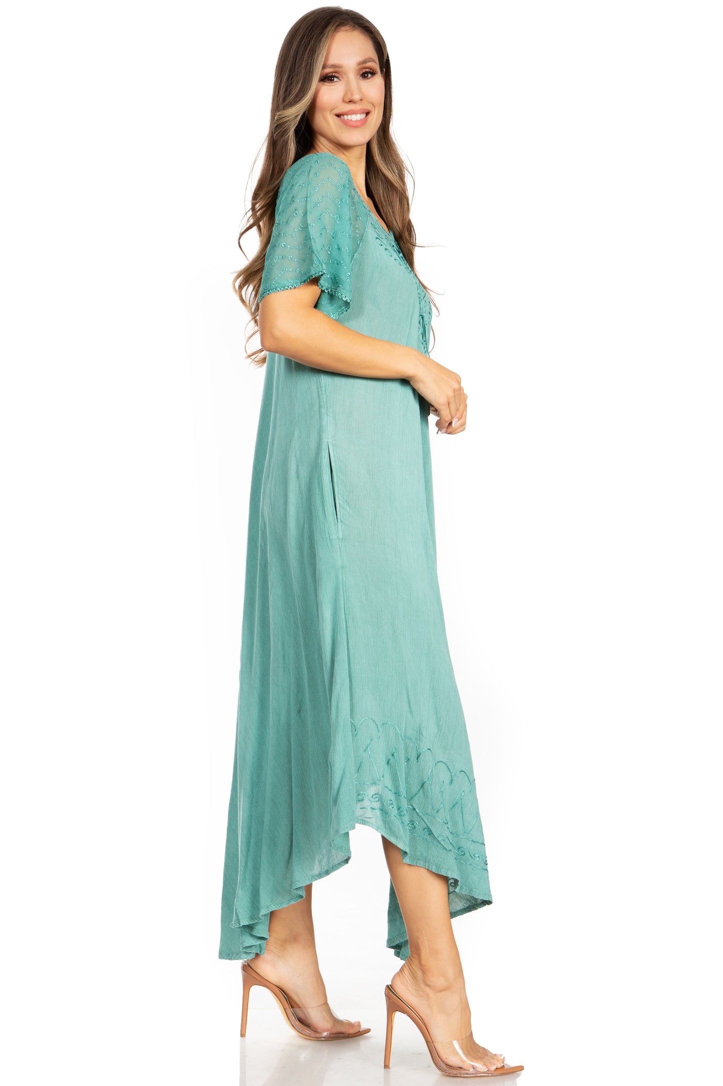 Sakkas Egan Women's Long Embroidered Caftan Dress / Cover Up With Embroidered Cap Sleeves - Concordia Style Boutique