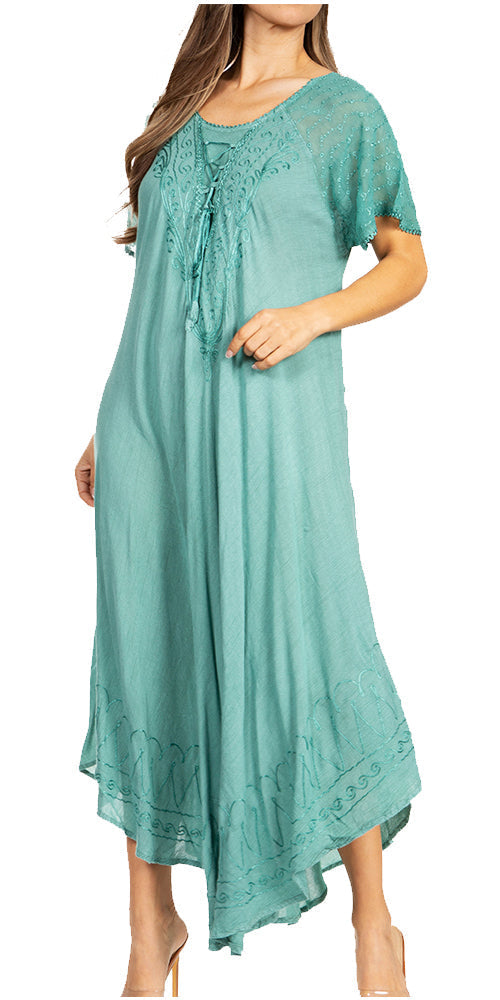 Sakkas Egan Women's Long Embroidered Caftan Dress / Cover Up With Embroidered Cap Sleeves - Concordia Style Boutique