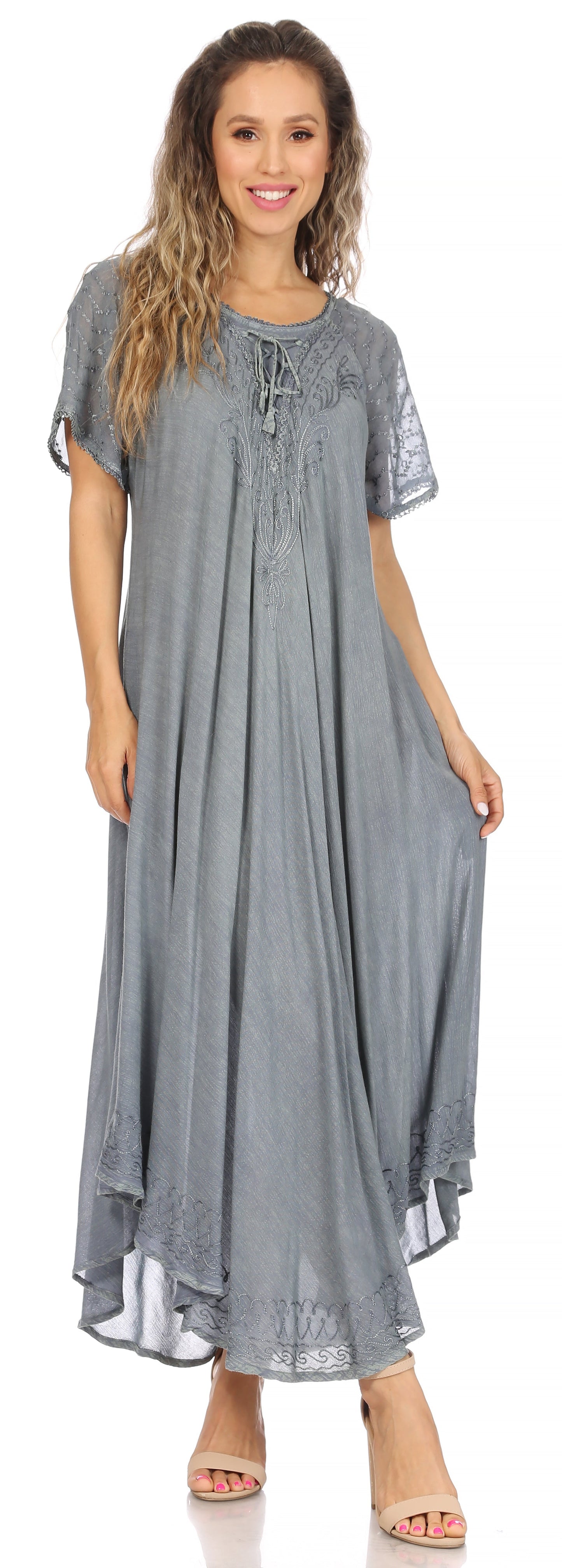 Sakkas Egan Women's Long Embroidered Caftan Dress / Cover Up With Embroidered Cap Sleeves - Concordia Style Boutique