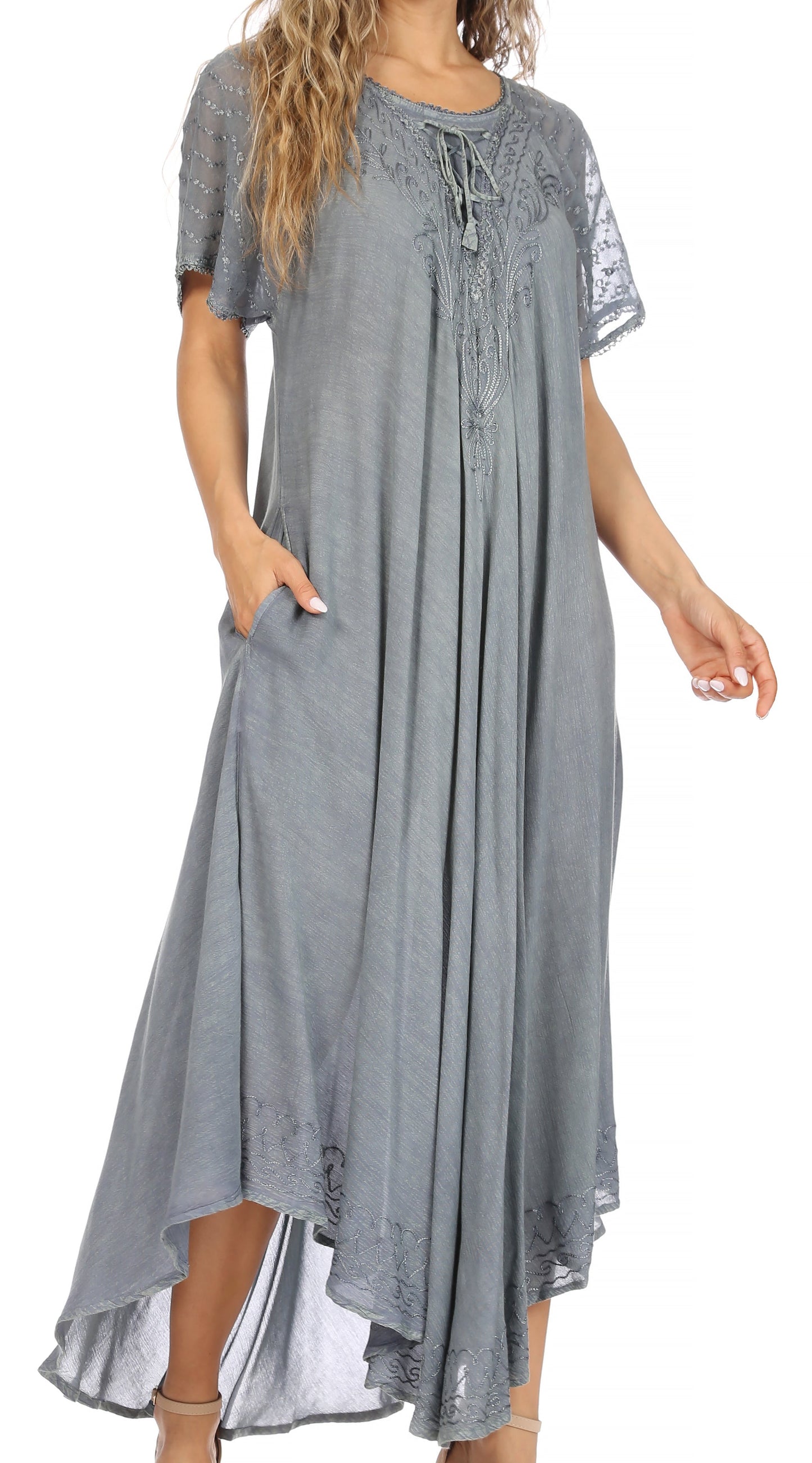 Sakkas Egan Women's Long Embroidered Caftan Dress / Cover Up With Embroidered Cap Sleeves - Concordia Style Boutique