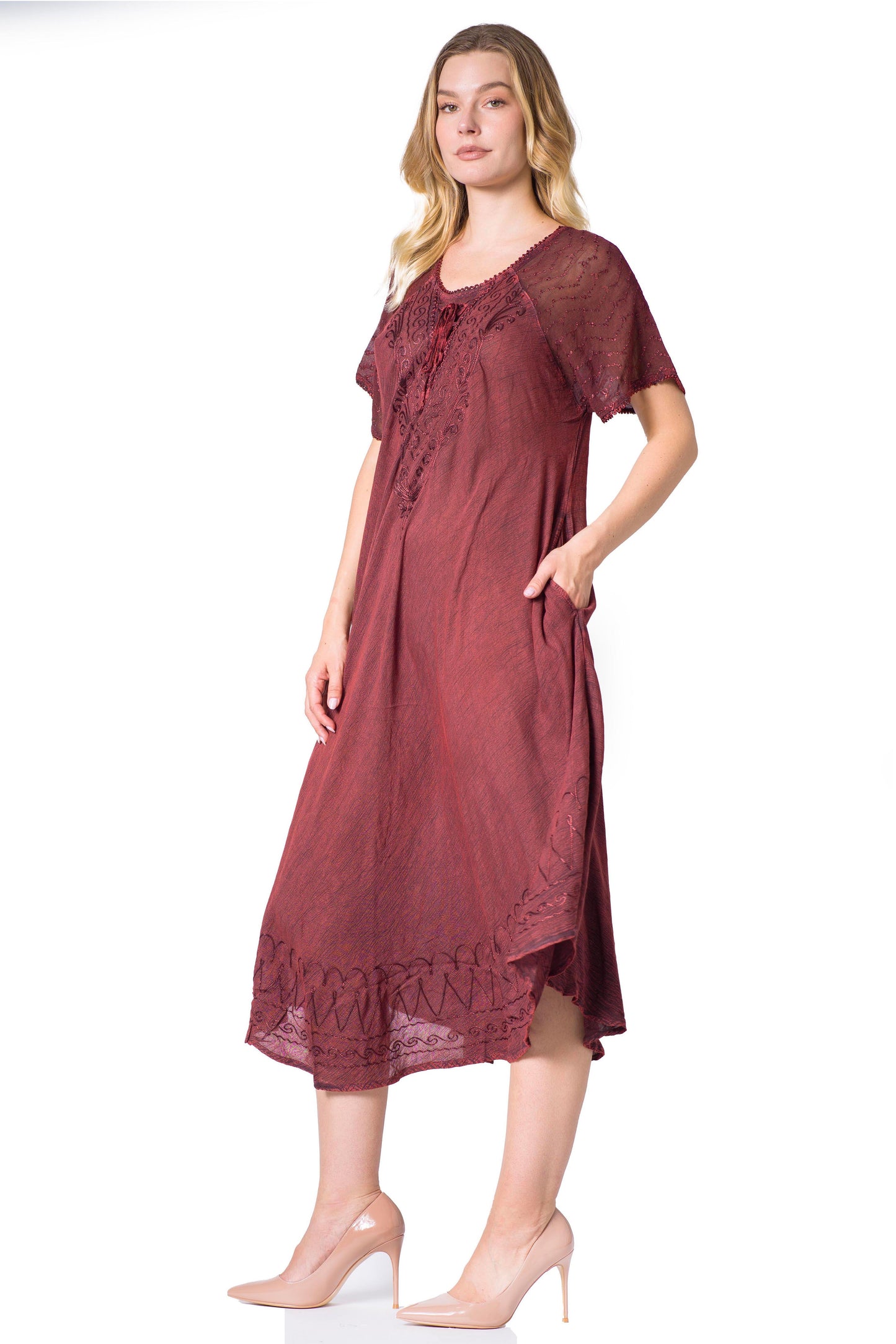 Sakkas Egan Women's Long Embroidered Caftan Dress / Cover Up With Embroidered Cap Sleeves - Concordia Style Boutique