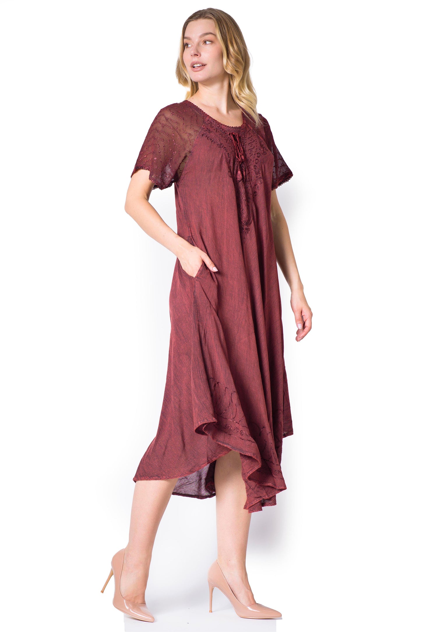 Sakkas Egan Women's Long Embroidered Caftan Dress / Cover Up With Embroidered Cap Sleeves - Concordia Style Boutique