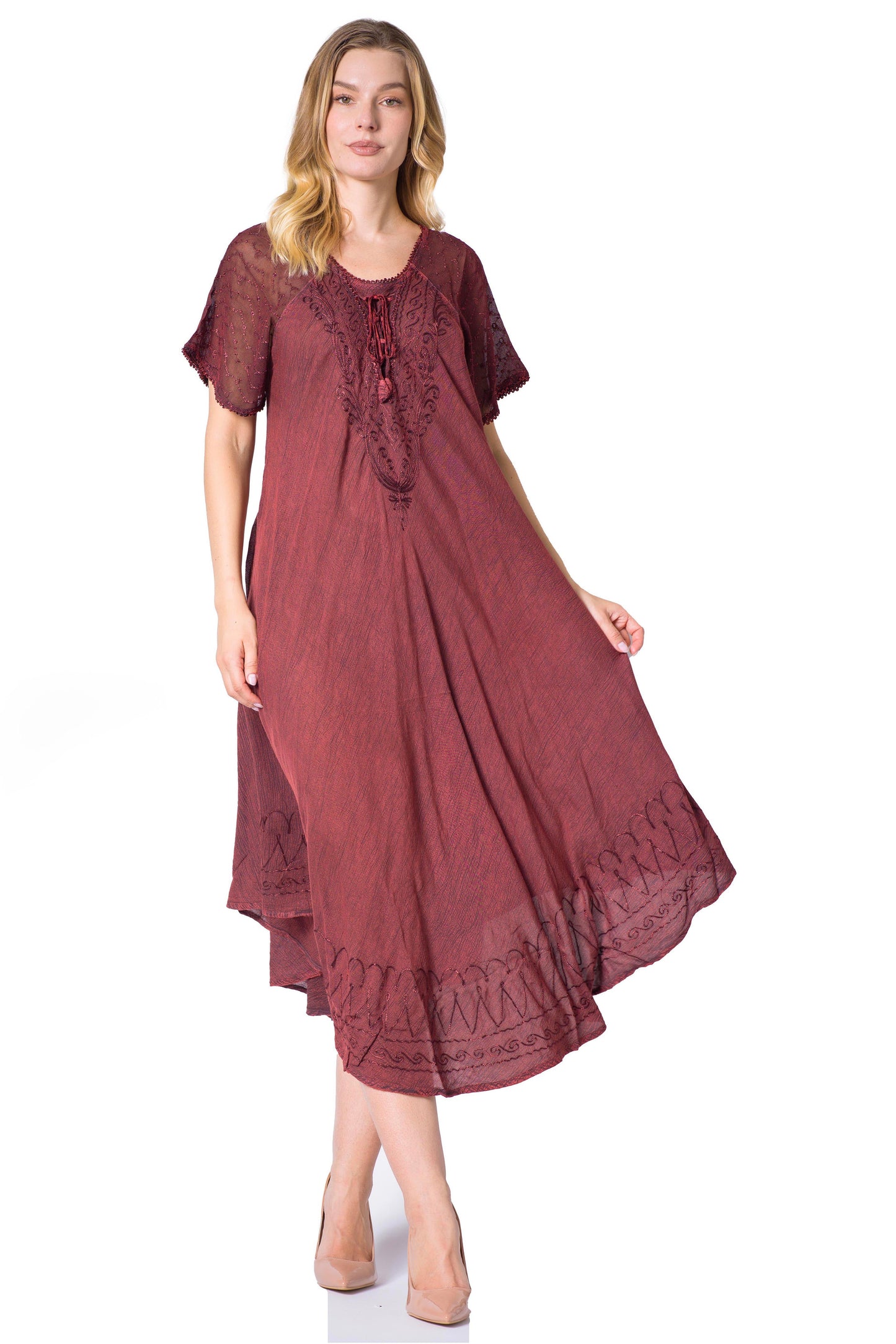 Sakkas Egan Women's Long Embroidered Caftan Dress / Cover Up With Embroidered Cap Sleeves - Concordia Style Boutique