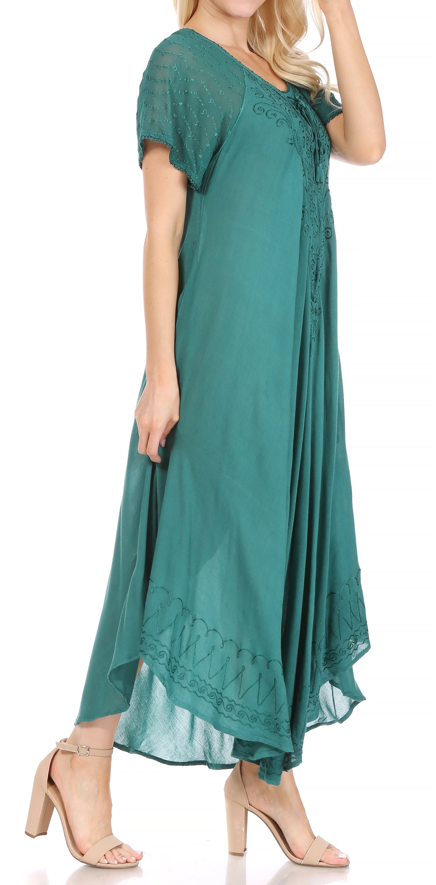 Sakkas Egan Women's Long Embroidered Caftan Dress / Cover Up With Embroidered Cap Sleeves - Concordia Style Boutique