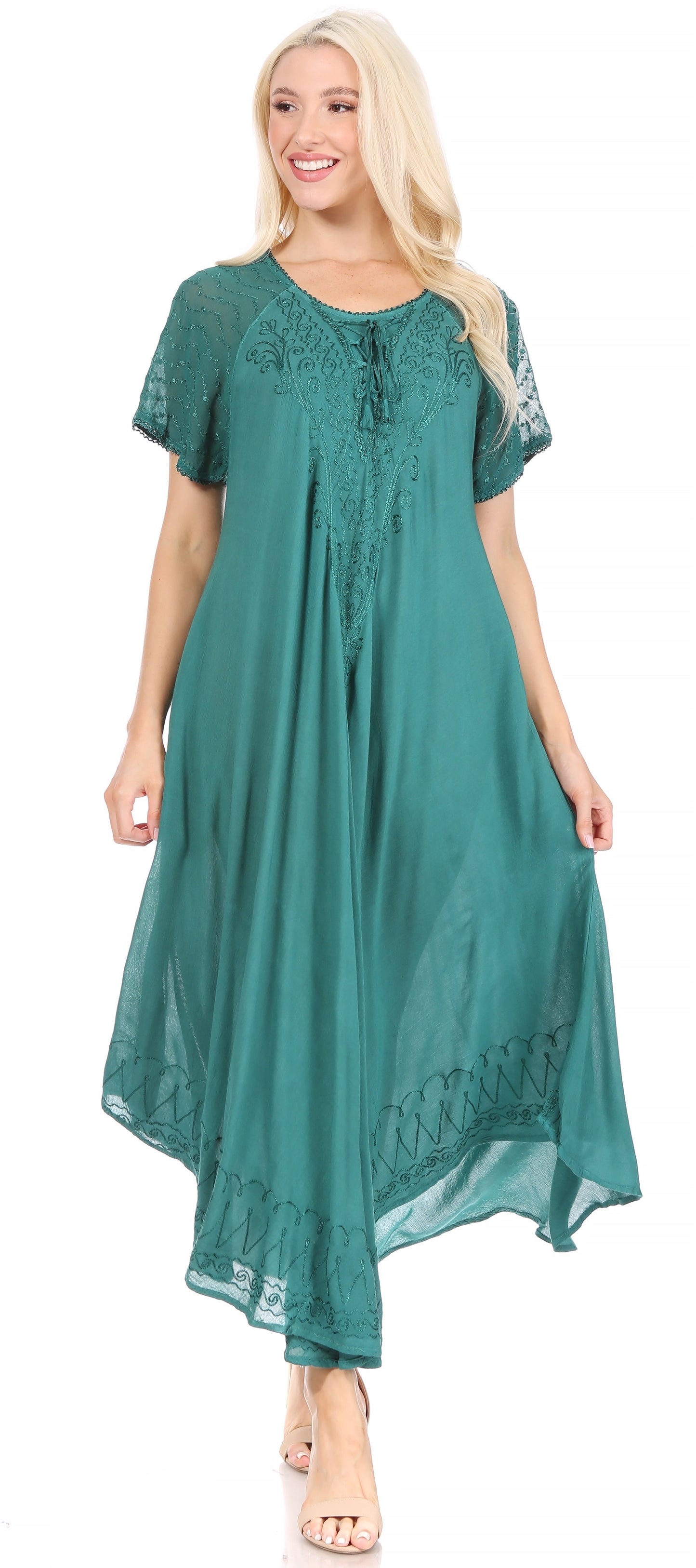 Sakkas Egan Women's Long Embroidered Caftan Dress / Cover Up With Embroidered Cap Sleeves - Concordia Style Boutique