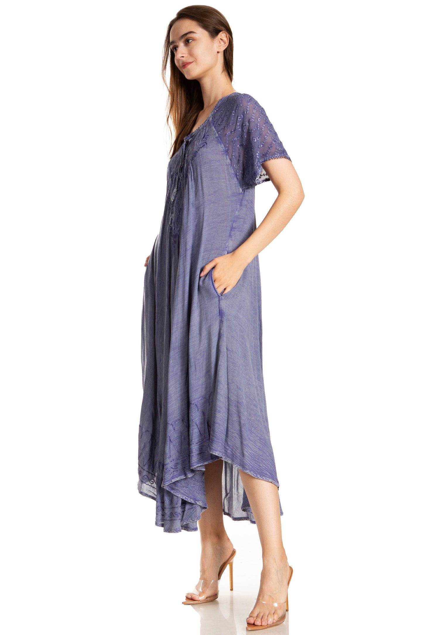 Sakkas Egan Women's Long Embroidered Caftan Dress / Cover Up With Embroidered Cap Sleeves - Concordia Style Boutique