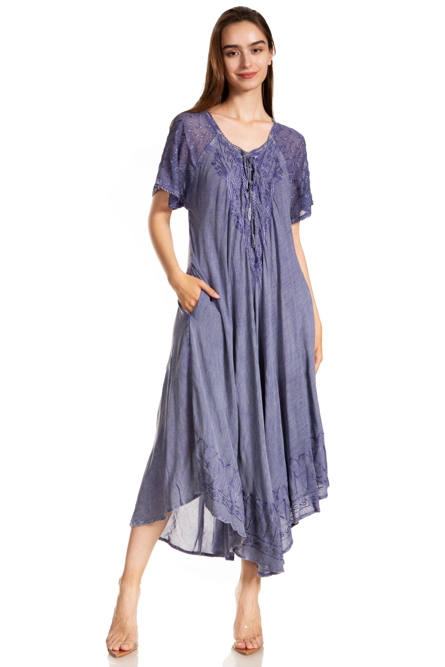 Sakkas Egan Women's Long Embroidered Caftan Dress / Cover Up With Embroidered Cap Sleeves - Concordia Style Boutique