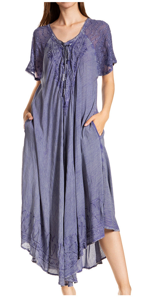 Sakkas Egan Women's Long Embroidered Caftan Dress / Cover Up With Embroidered Cap Sleeves - Concordia Style Boutique
