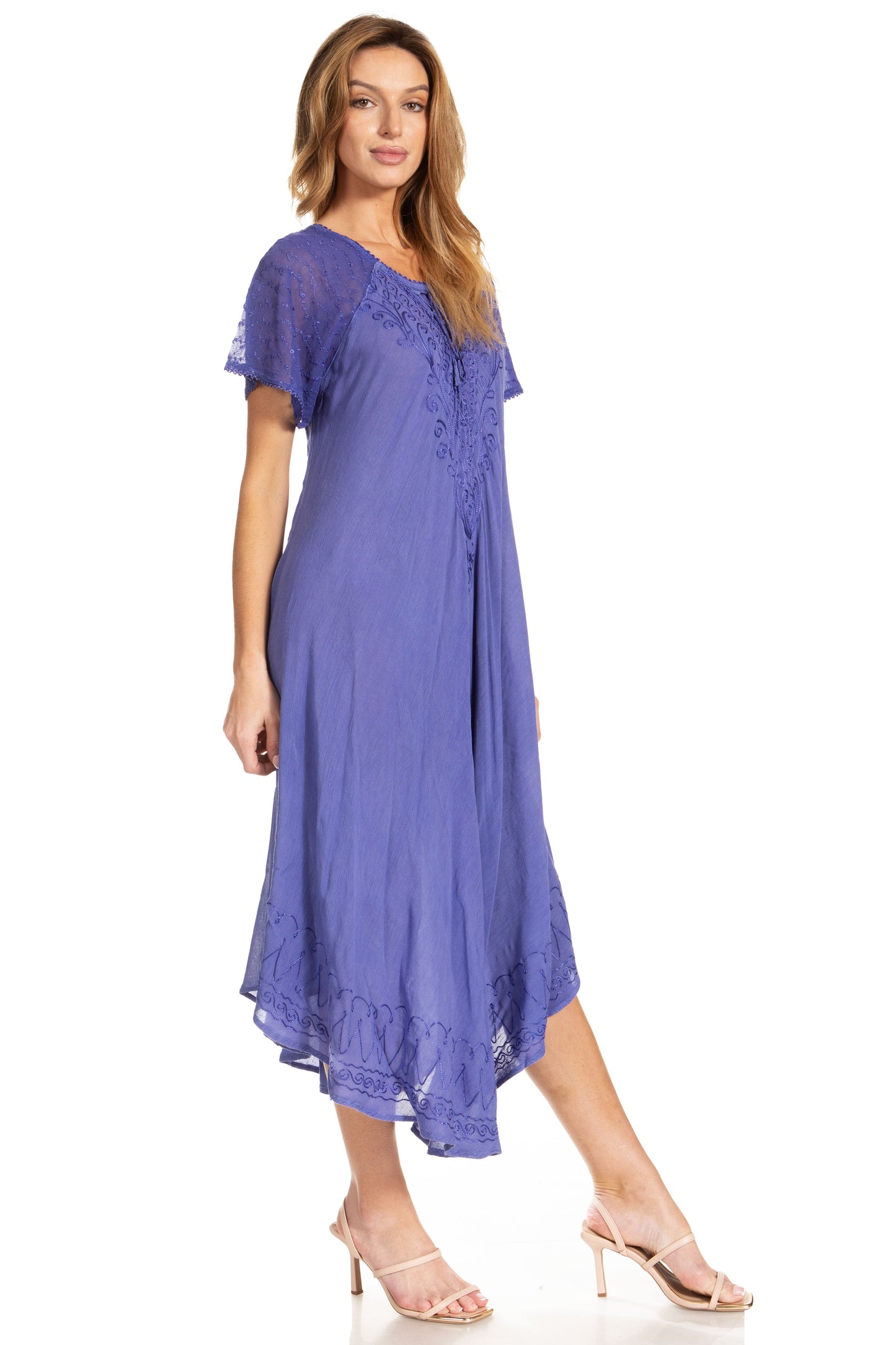 Sakkas Egan Women's Long Embroidered Caftan Dress / Cover Up With Embroidered Cap Sleeves - Concordia Style Boutique