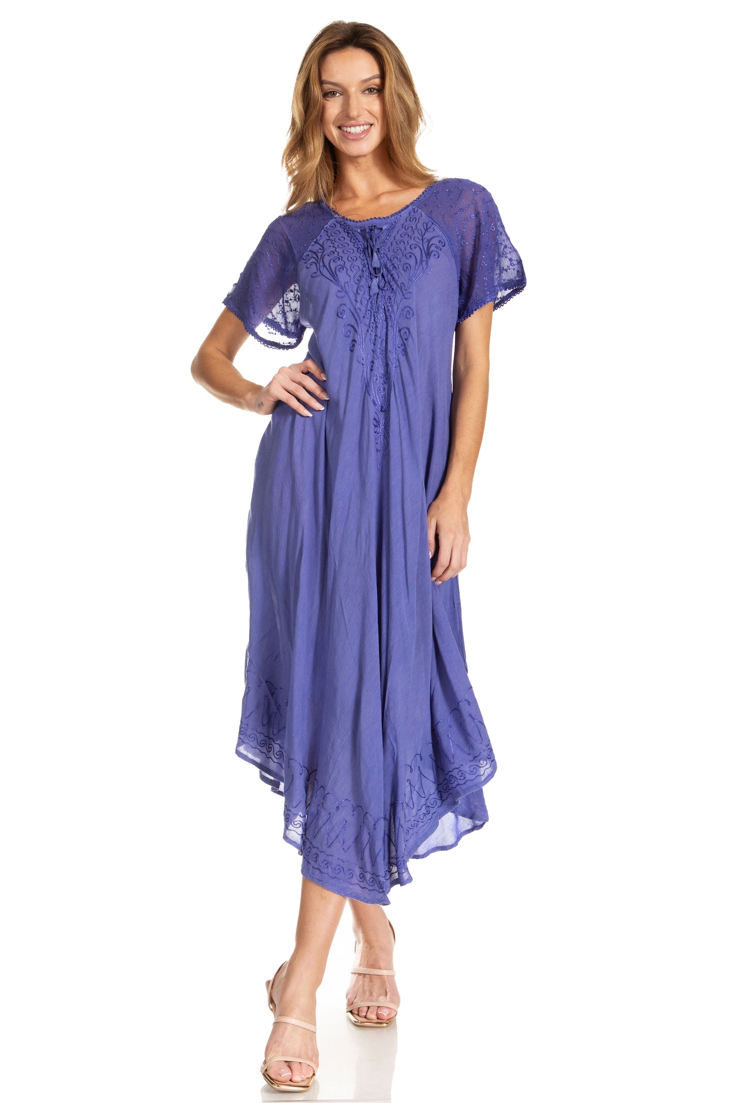 Sakkas Egan Women's Long Embroidered Caftan Dress / Cover Up With Embroidered Cap Sleeves - Concordia Style Boutique