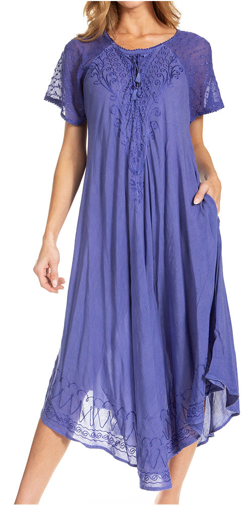 Sakkas Egan Women's Long Embroidered Caftan Dress / Cover Up With Embroidered Cap Sleeves - Concordia Style Boutique