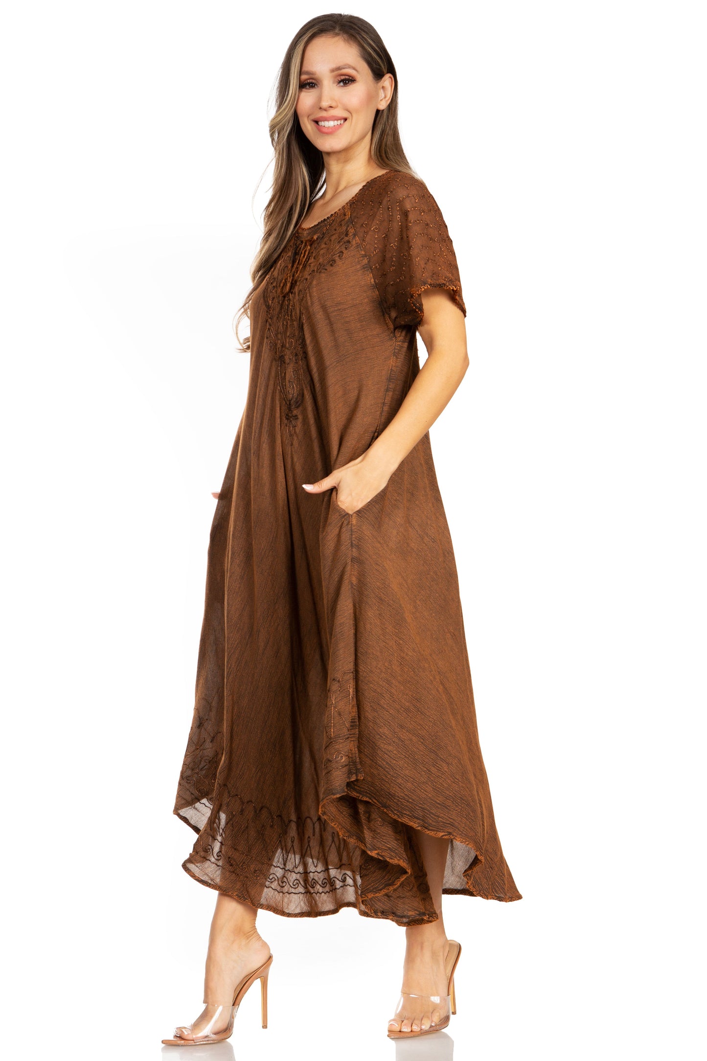 Sakkas Egan Women's Long Embroidered Caftan Dress / Cover Up With Embroidered Cap Sleeves - Concordia Style Boutique