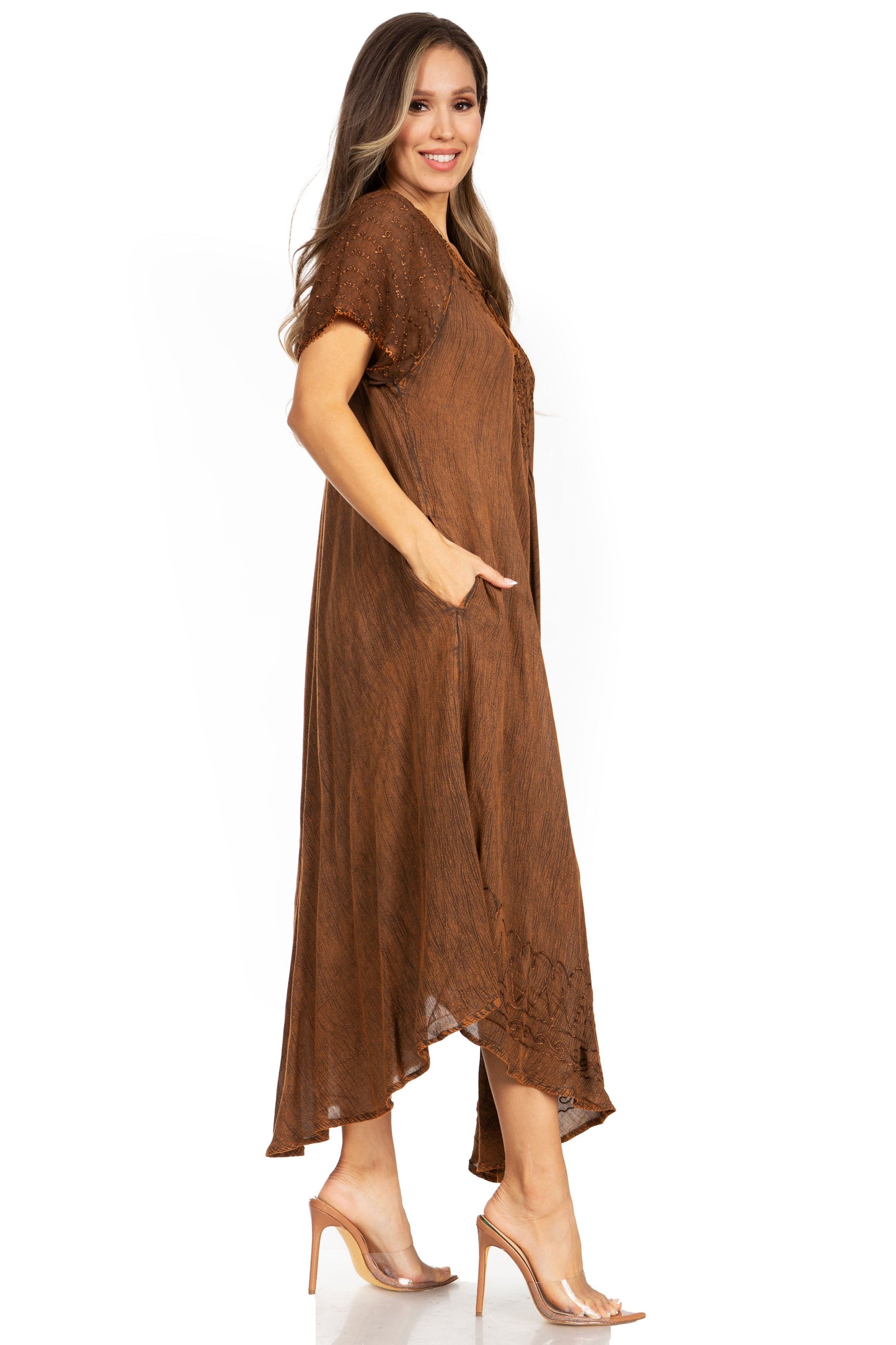 Sakkas Egan Women's Long Embroidered Caftan Dress / Cover Up With Embroidered Cap Sleeves - Concordia Style Boutique