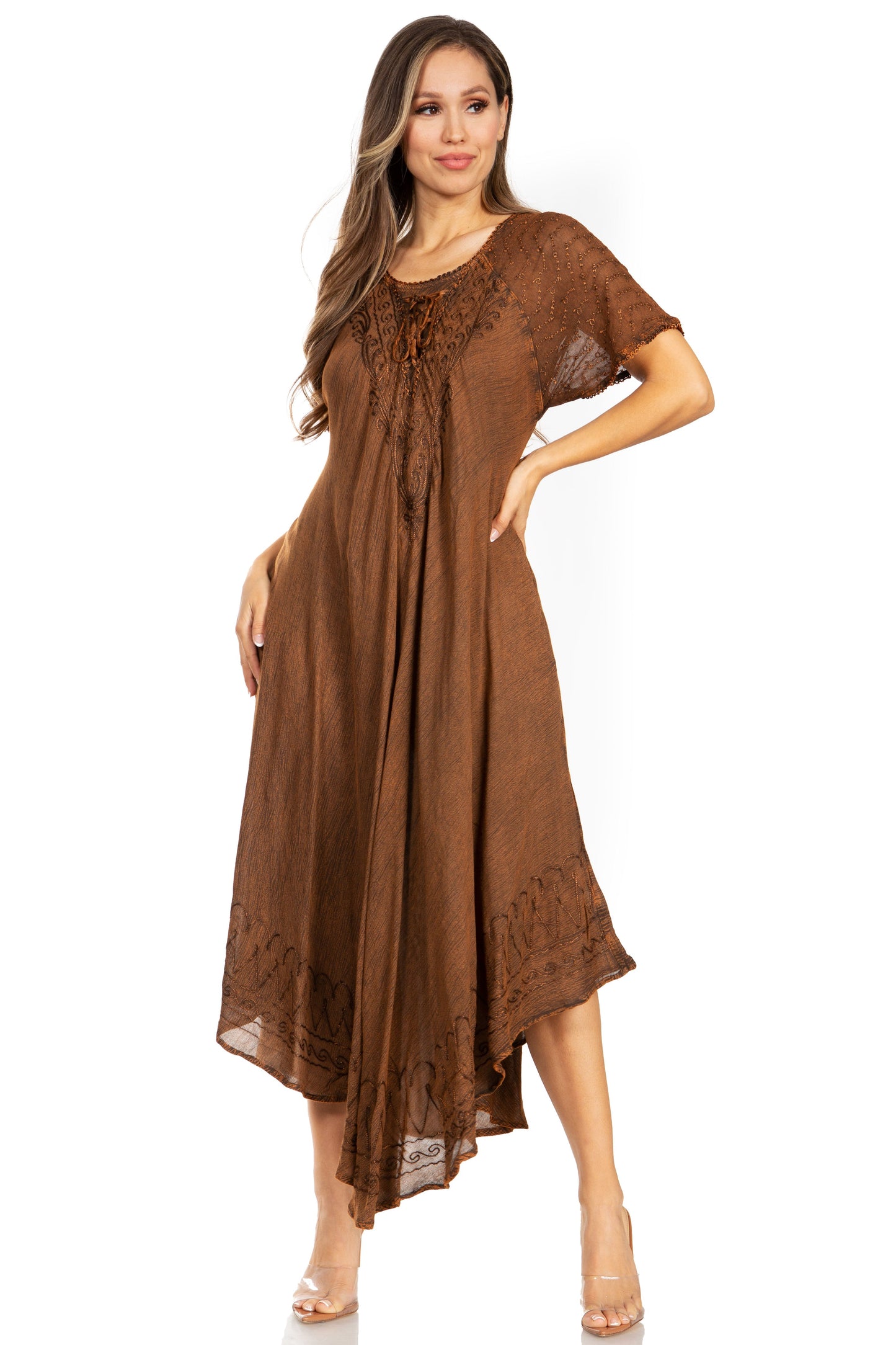 Sakkas Egan Women's Long Embroidered Caftan Dress / Cover Up With Embroidered Cap Sleeves - Concordia Style Boutique