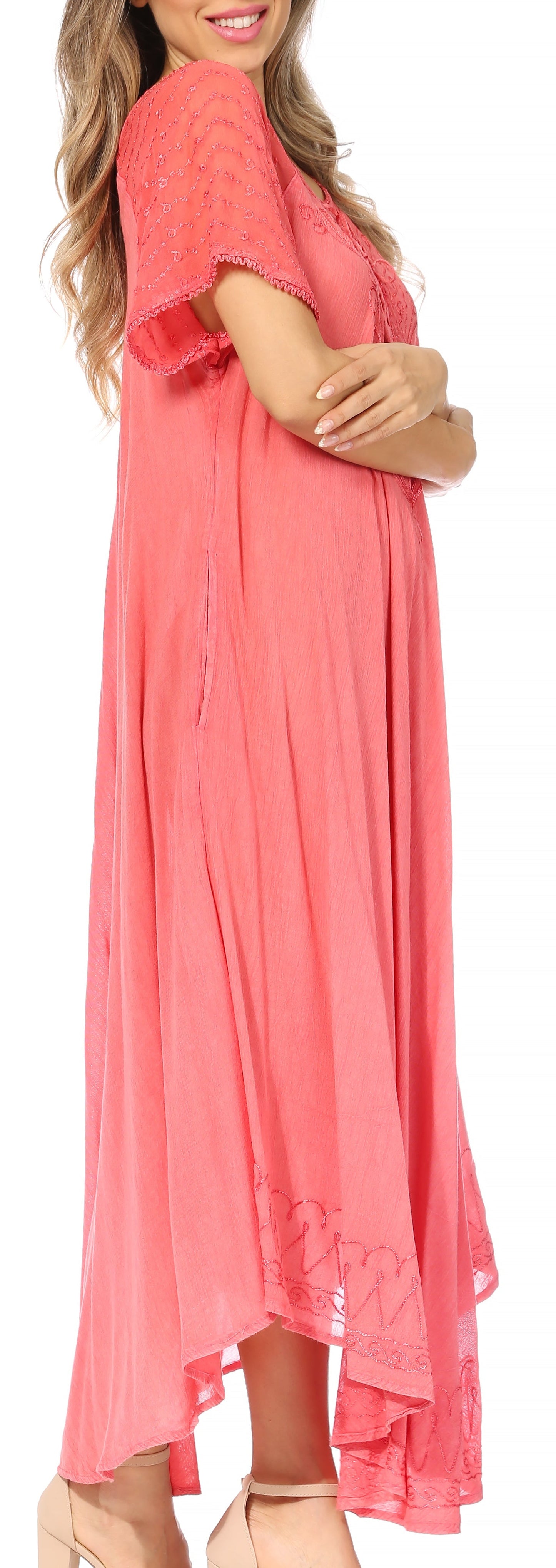Sakkas Egan Women's Long Embroidered Caftan Dress / Cover Up With Embroidered Cap Sleeves - Concordia Style Boutique