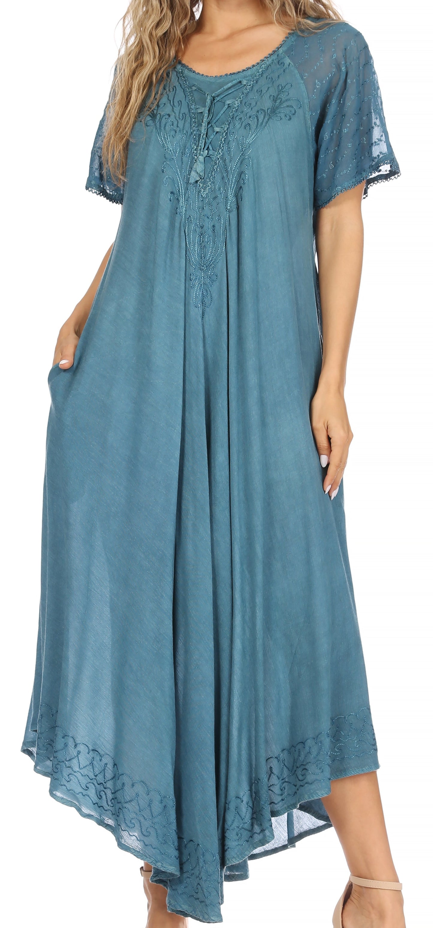 Sakkas Egan Women's Long Embroidered Caftan Dress / Cover Up With Embroidered Cap Sleeves - Concordia Style Boutique