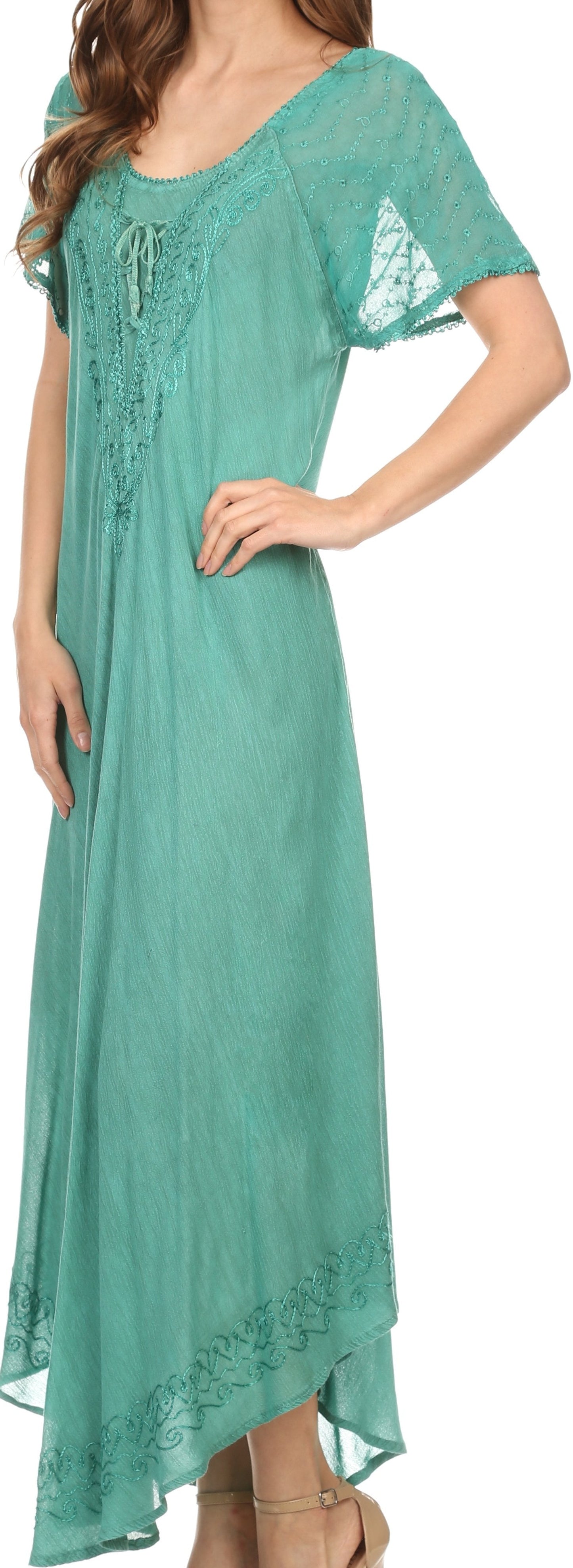 Sakkas Egan Women's Long Embroidered Caftan Dress / Cover Up With Embroidered Cap Sleeves - Concordia Style Boutique