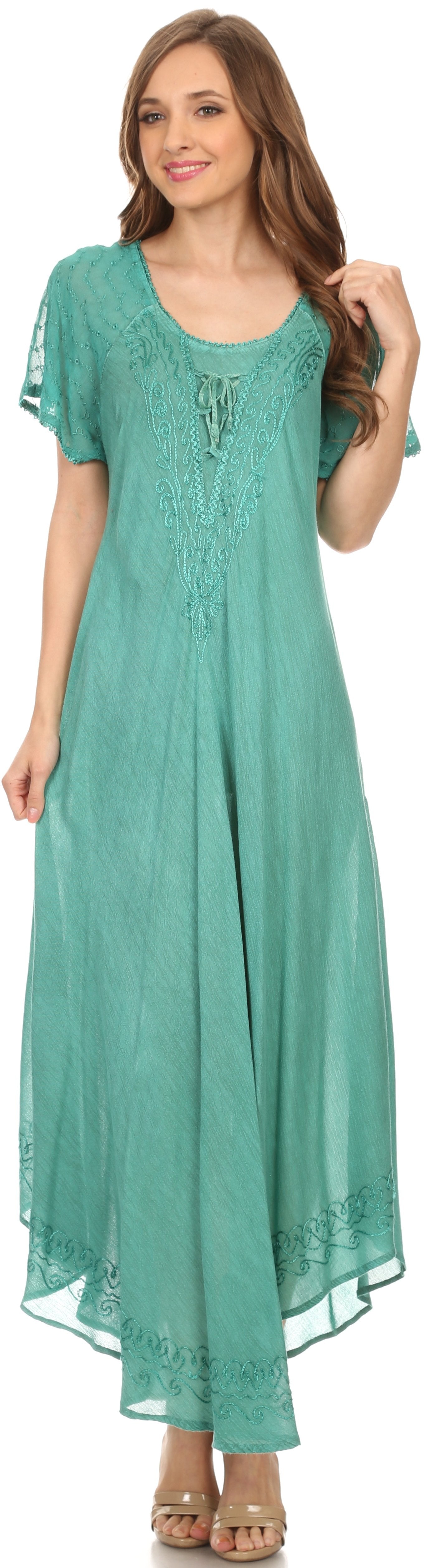 Sakkas Egan Women's Long Embroidered Caftan Dress / Cover Up With Embroidered Cap Sleeves - Concordia Style Boutique