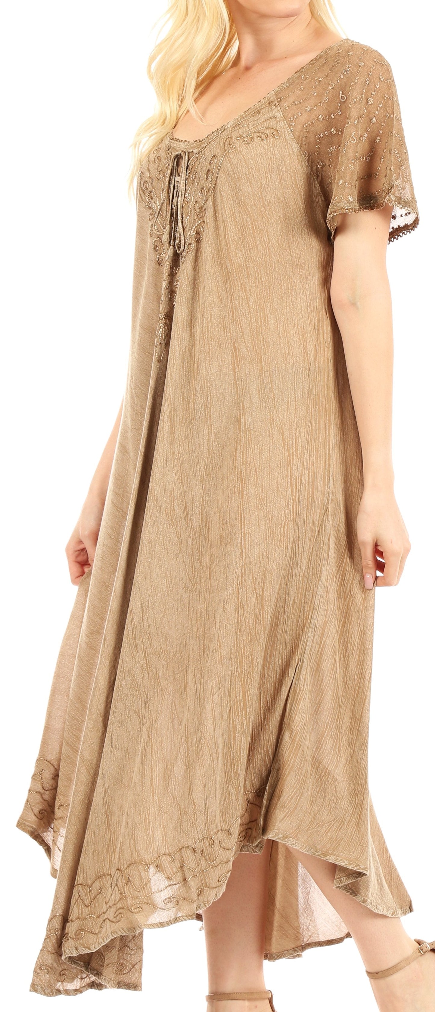 Sakkas Egan Women's Long Embroidered Caftan Dress / Cover Up With Embroidered Cap Sleeves - Concordia Style Boutique