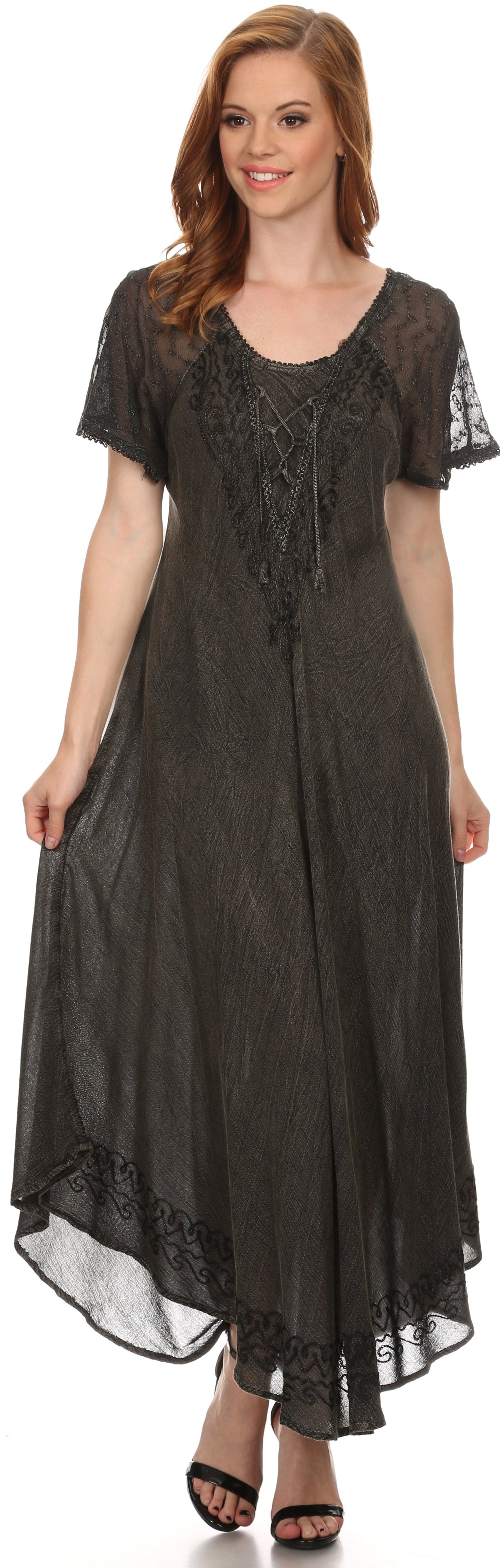 Sakkas Egan Women's Long Embroidered Caftan Dress / Cover Up With Embroidered Cap Sleeves - Concordia Style Boutique