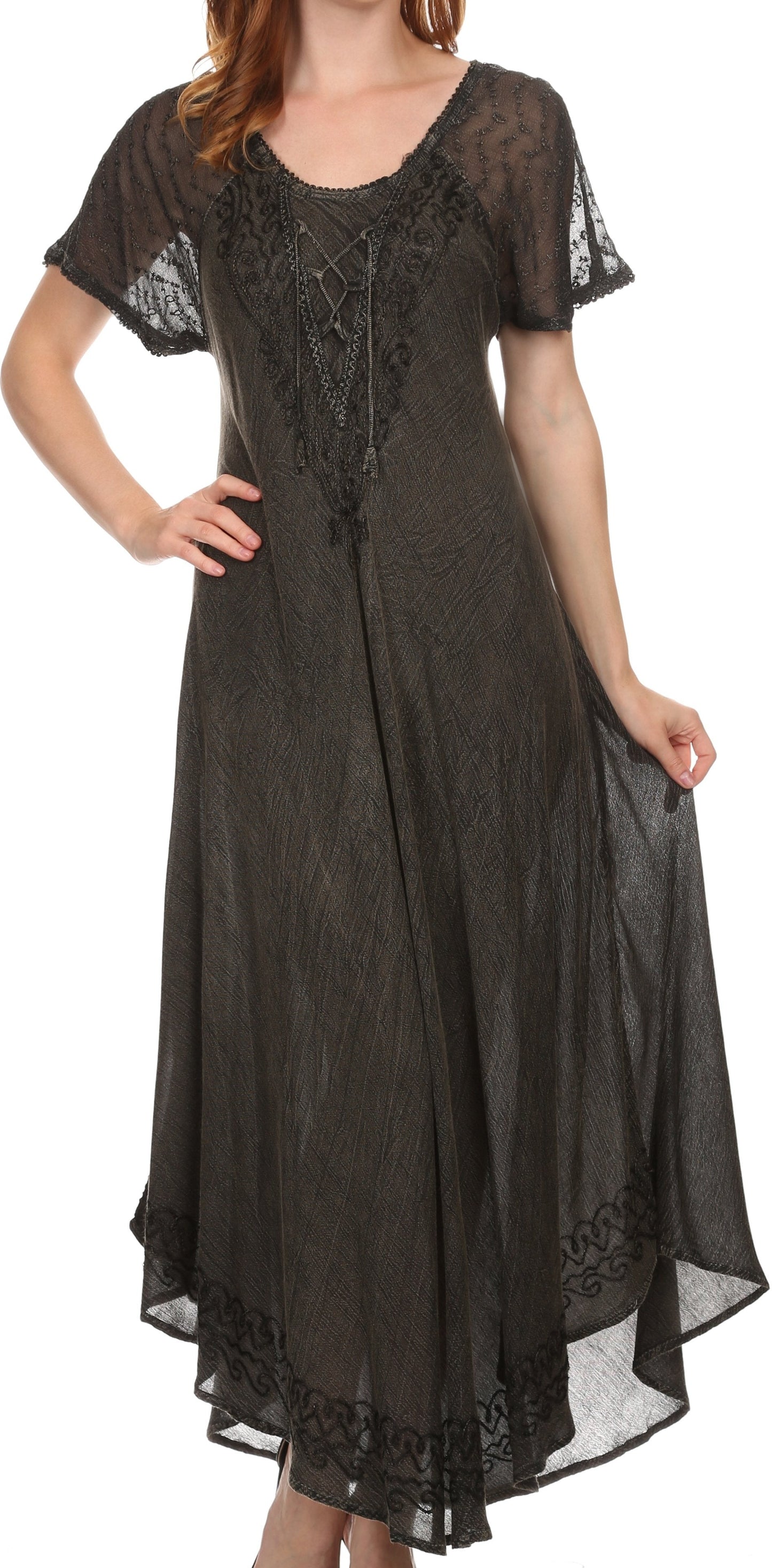 Sakkas Egan Women's Long Embroidered Caftan Dress / Cover Up With Embroidered Cap Sleeves - Concordia Style Boutique