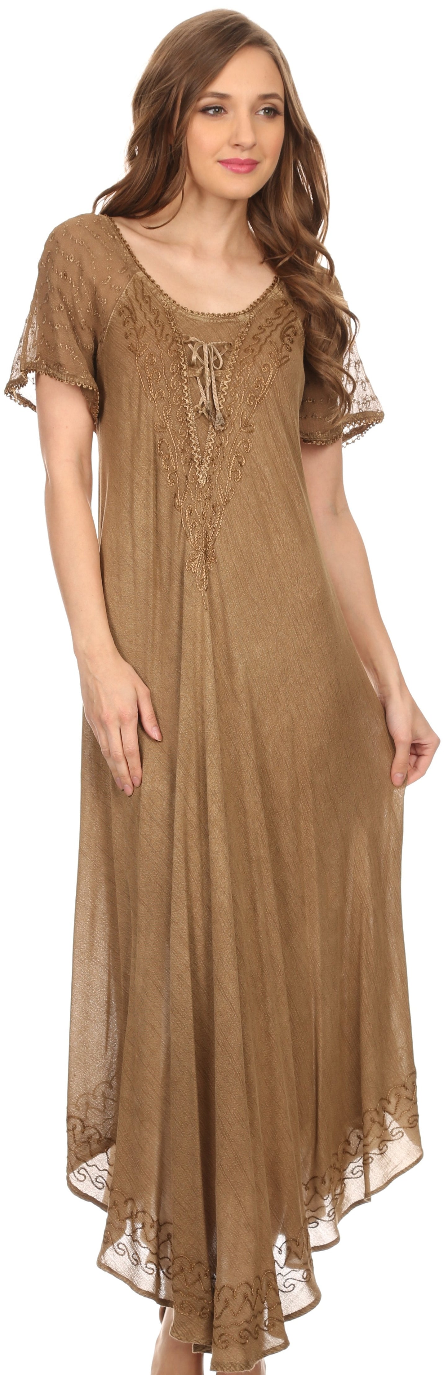 Sakkas Egan Women's Long Embroidered Caftan Dress / Cover Up With Embroidered Cap Sleeves - Concordia Style Boutique