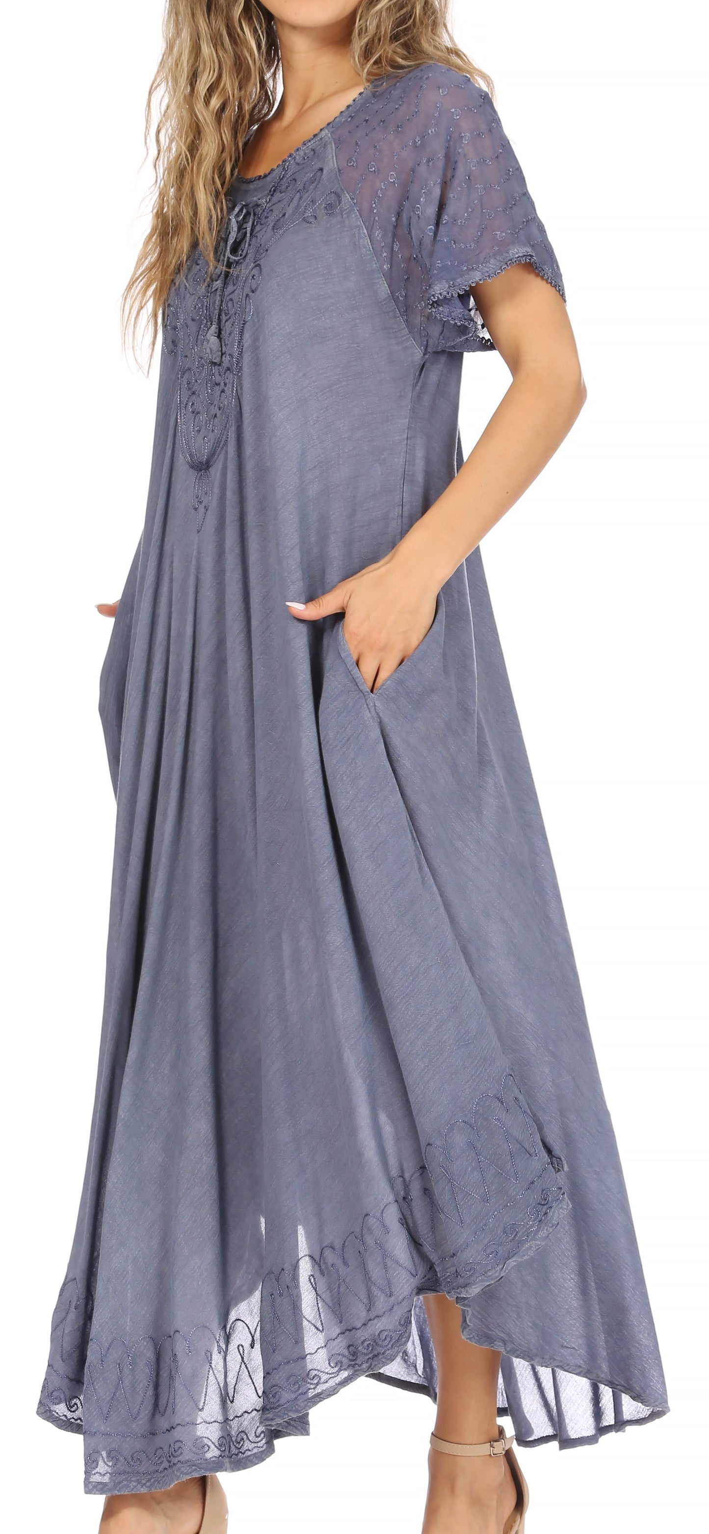 Sakkas Egan Women's Long Embroidered Caftan Dress / Cover Up With Embroidered Cap Sleeves - Concordia Style Boutique