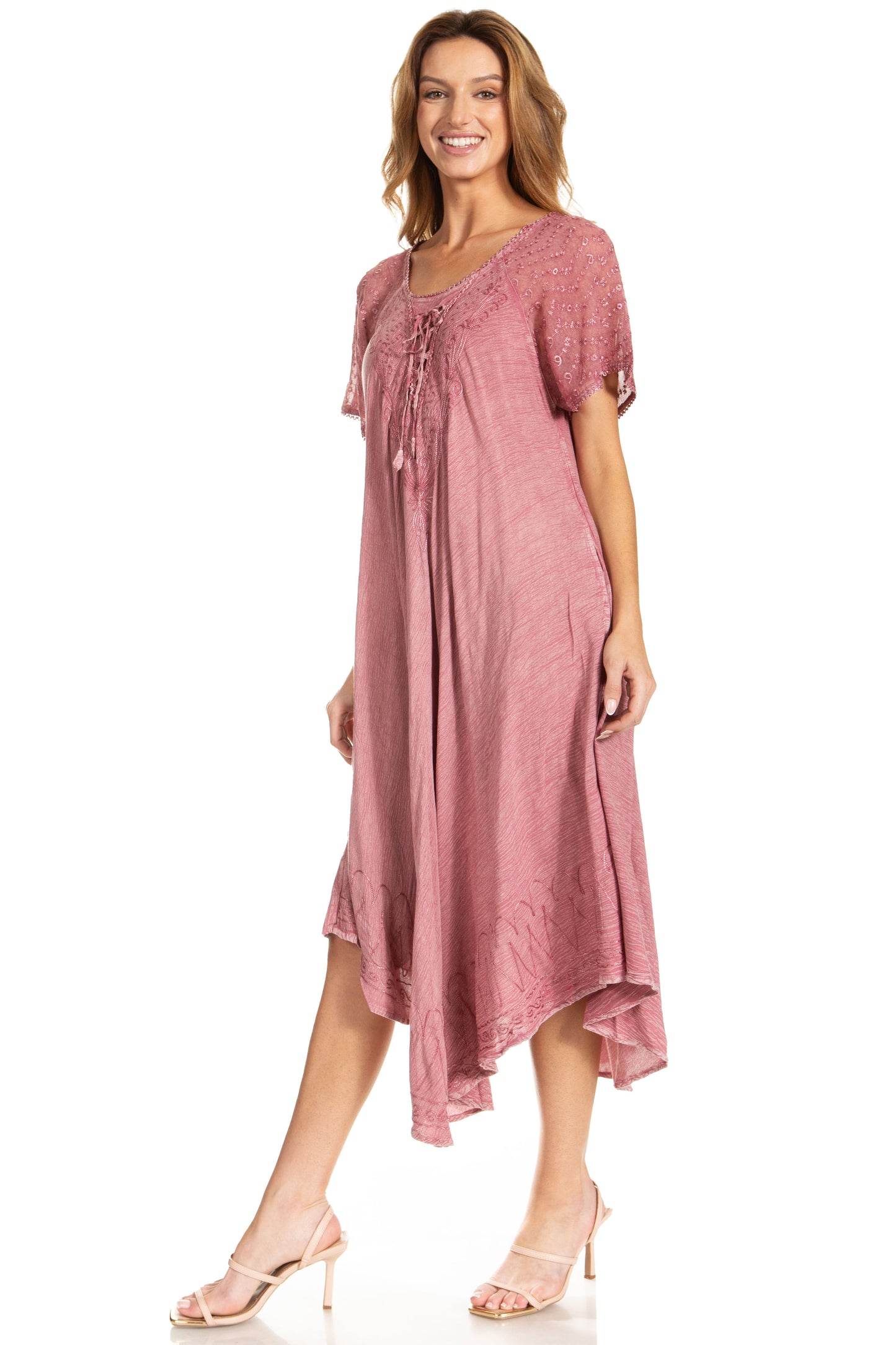Sakkas Egan Women's Long Embroidered Caftan Dress / Cover Up With Embroidered Cap Sleeves - Concordia Style Boutique