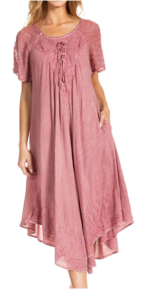 Sakkas Egan Women's Long Embroidered Caftan Dress / Cover Up With Embroidered Cap Sleeves - Concordia Style Boutique